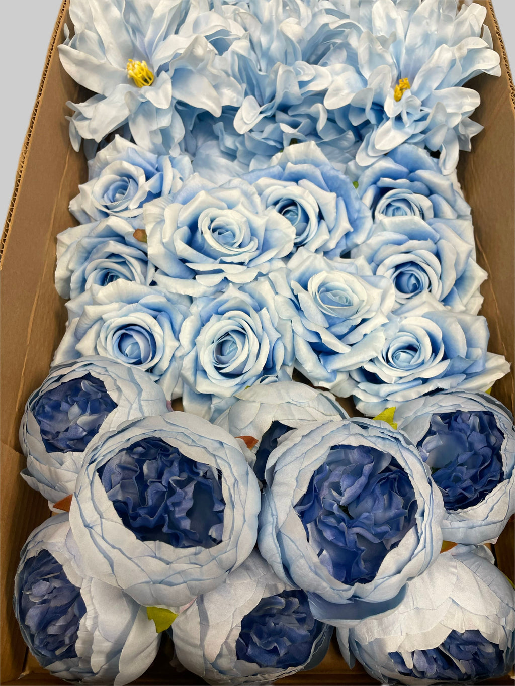 60 PCS All Light Blue Assorted Artificial Flower Heads A - Roses, Peonies, Orchid, Ping Pong Mum