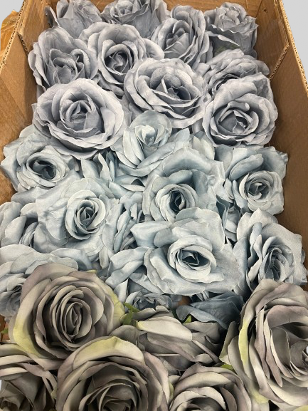 50/60 PCS All Dusty Blue Assorted Artificial Flower Heads (ADL1), Roses, Dahlia