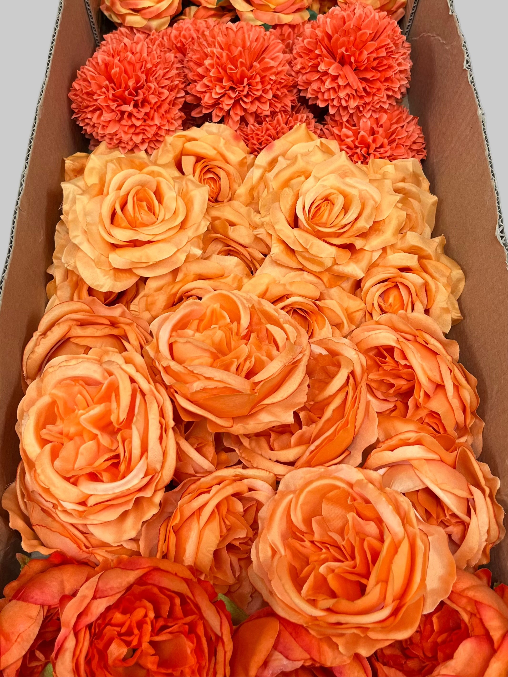 60PCS All Orange Assorted Artificial Flower Heads (AO3), Peonies, Rose, Orchids, Ping Pong Mums & Ranunculus