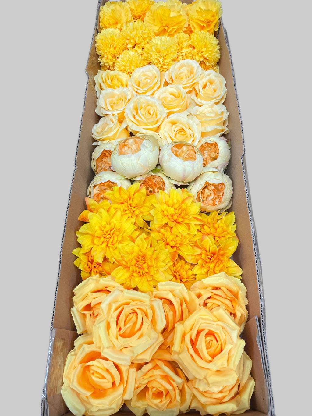 60 PCS All Yellow Assorted Artificial Flower Heads A – Roses, Peonies, Dahlias, Ping Pong Mums & Carnations