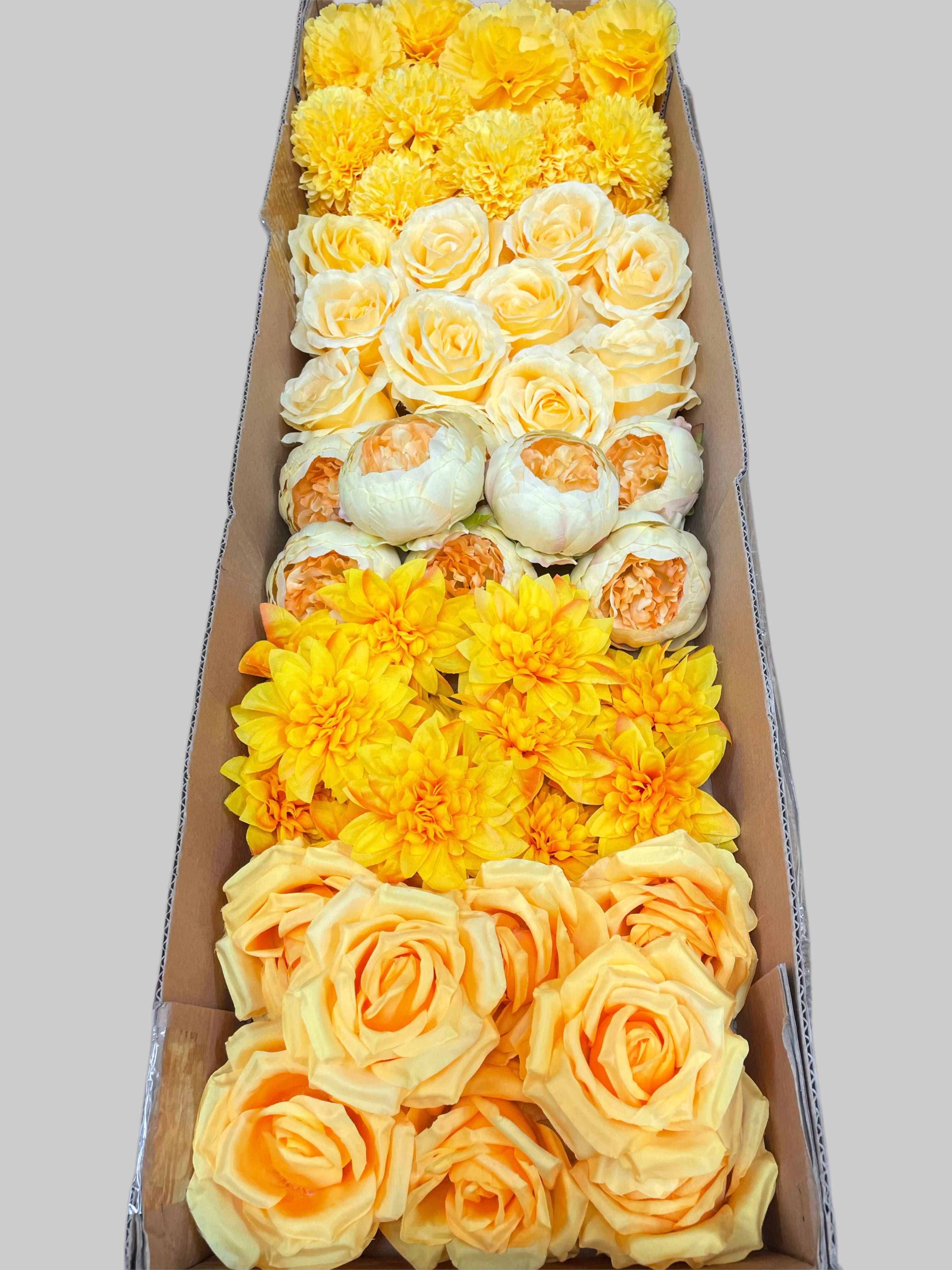 60 PCS All Yellow Assorted Artificial Flower Heads A – Roses, Peonies, Dahlias, Ping Pong Mums & Carnations