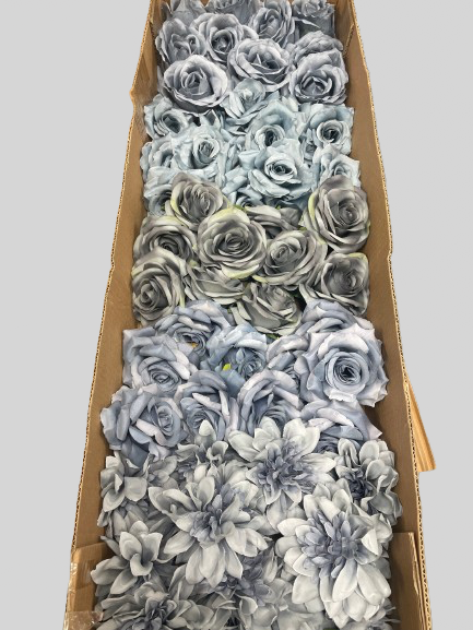 50/60 PCS All Dusty Blue Assorted Artificial Flower Heads (ADL1), Roses, Dahlia