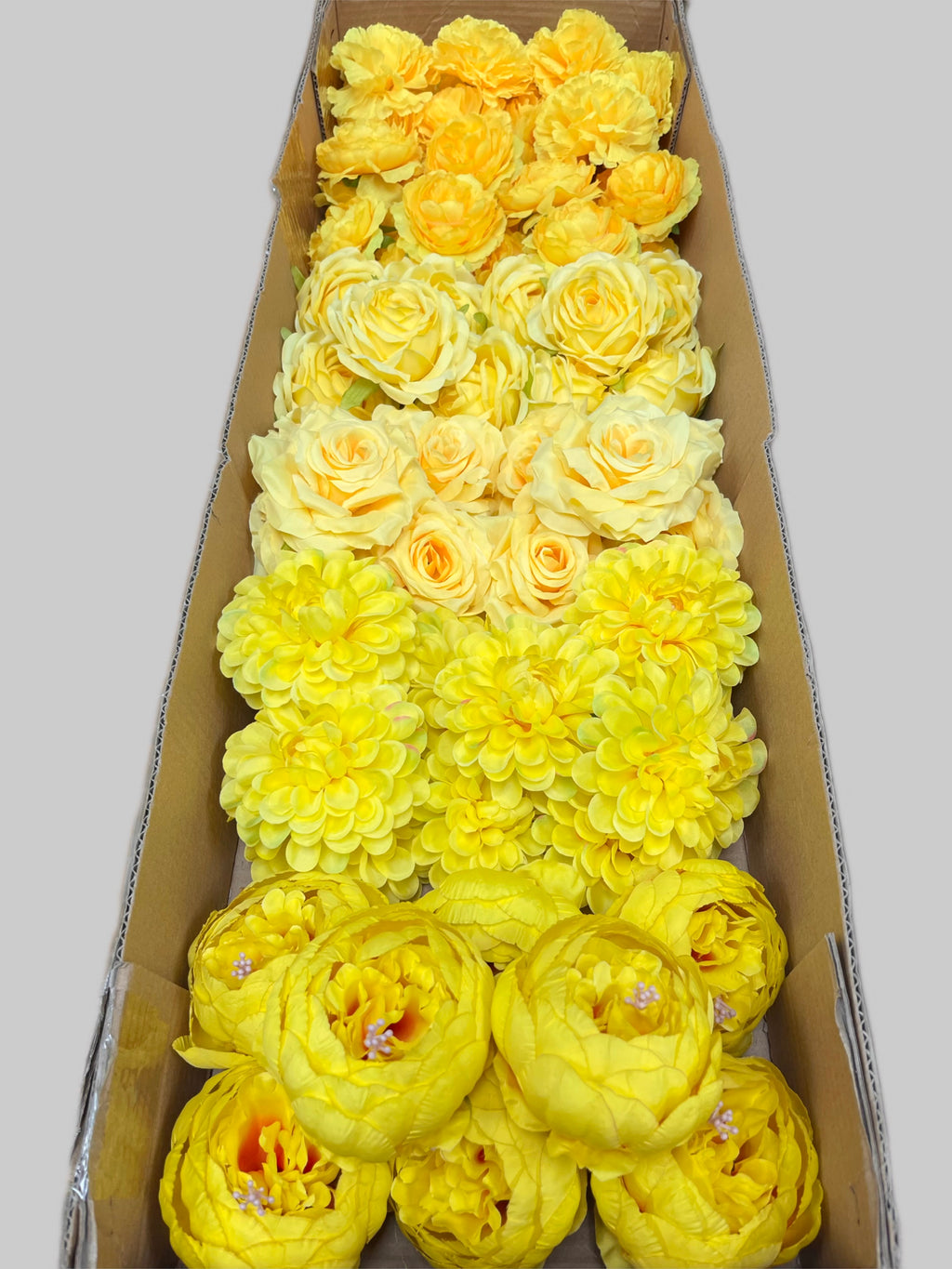 60 PCS All Yellow Assorted Artificial Flower Heads D – Roses, Peonies, Carnations, Ranunculus