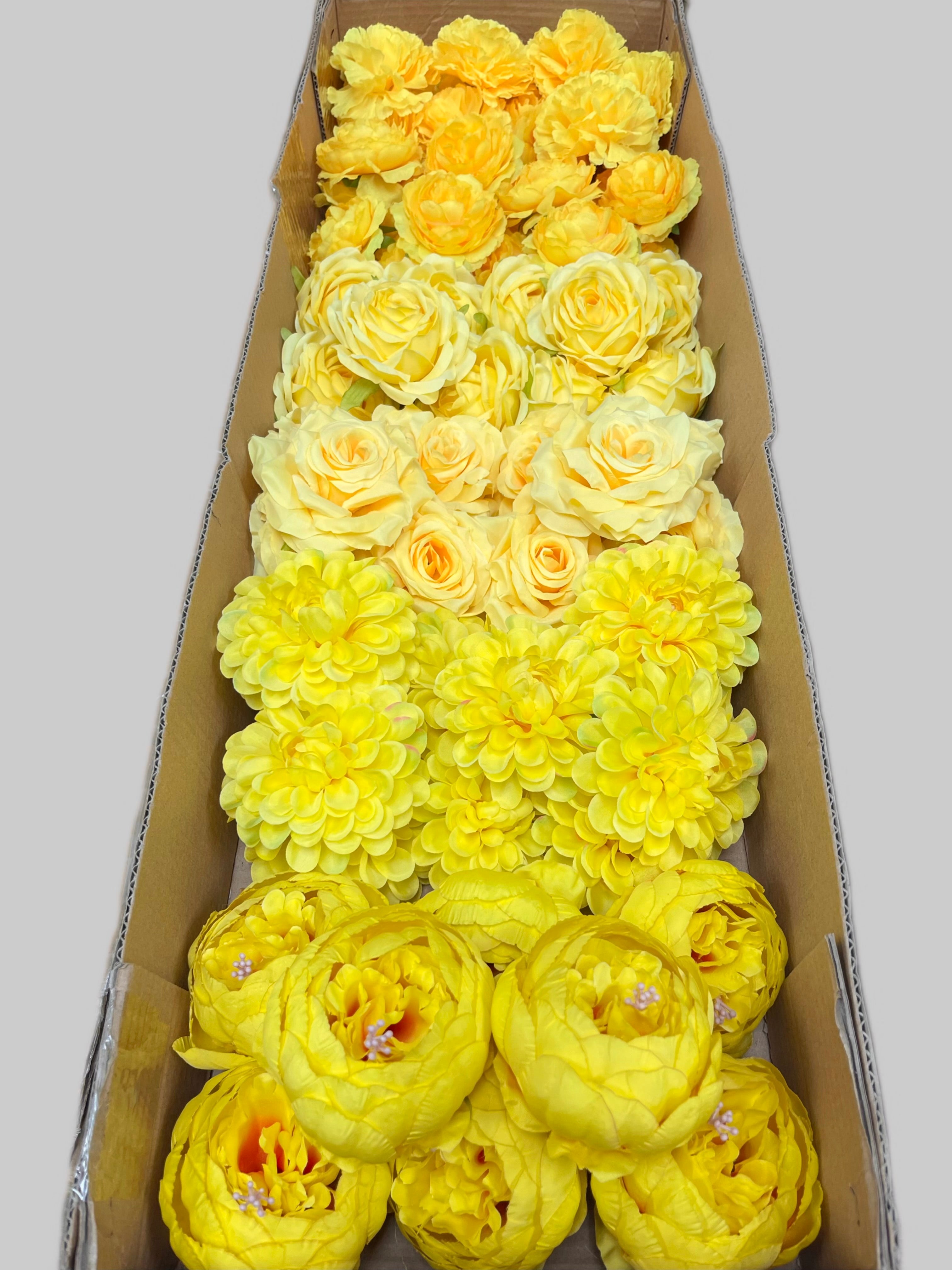 60 PCS All Yellow Assorted Artificial Flower Heads D – Roses, Peonies, Carnations, Ranunculus