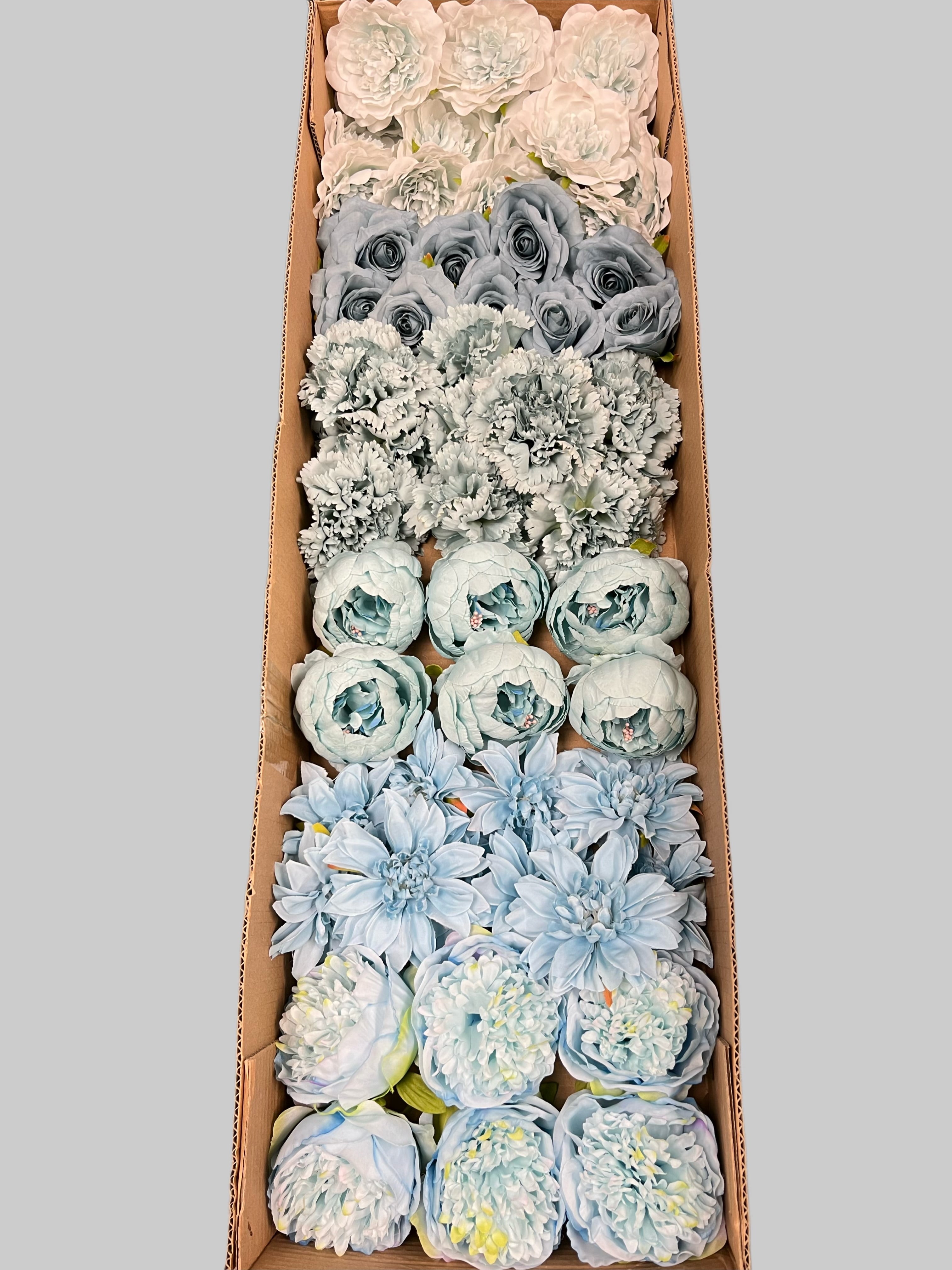 60 PCS All Light Blue Assorted Artificial Flower Heads D – Roses, Peonies, Carnations, Dahlia