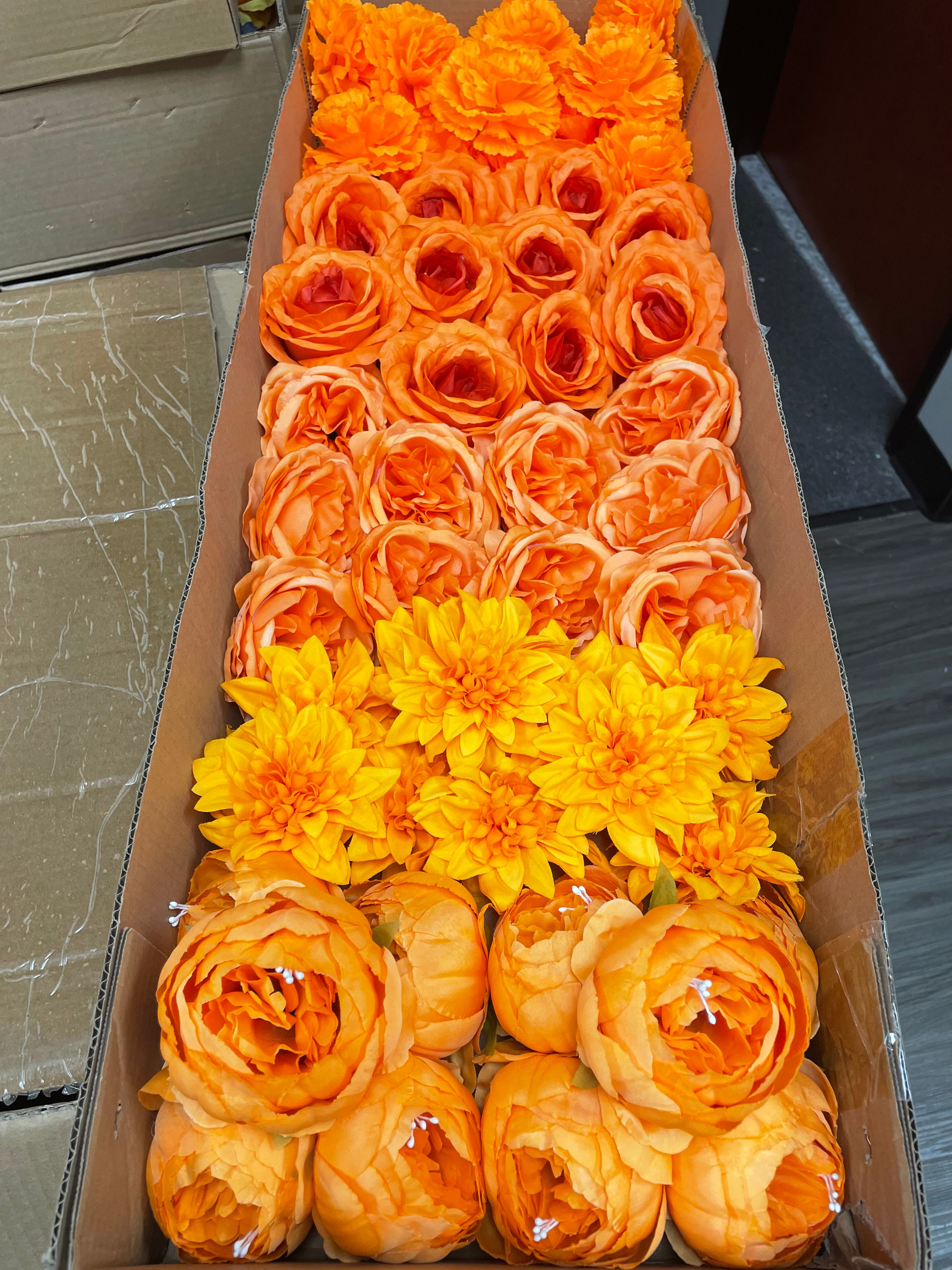 60 PCS All Orange Assorted Artificial Flower Heads A - Peonies, Rose, Dahlia, Carnation