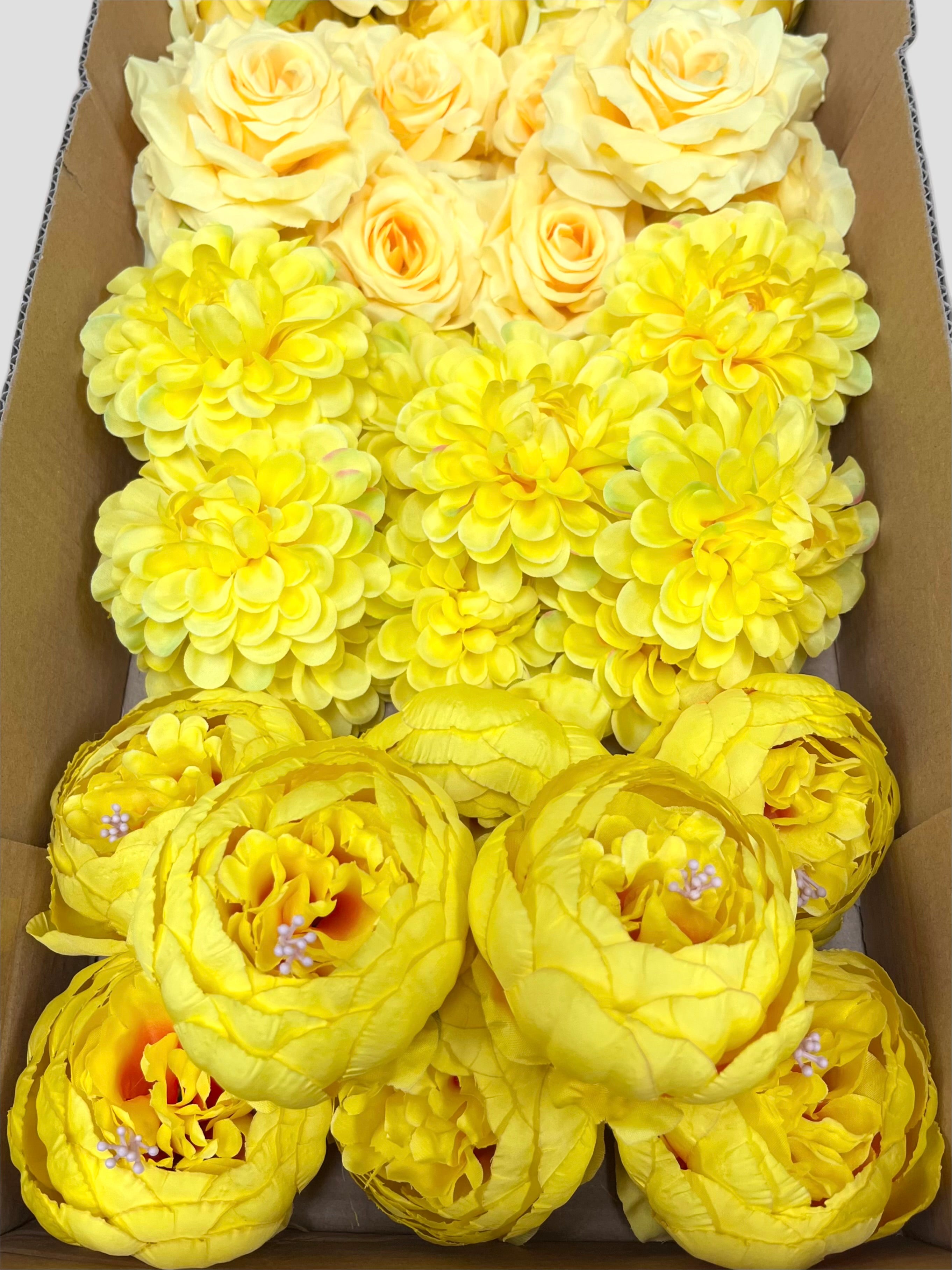 60 PCS All Yellow Assorted Artificial Flower Heads D – Roses, Peonies, Carnations, Ranunculus