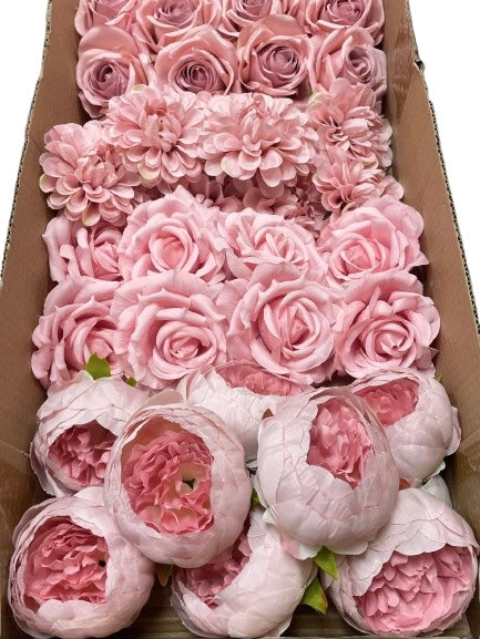 50/60 PCS All Dusty Blush Pink Assorted Artificial Flower Heads (AD4), Peonies, Roses & Dahlias