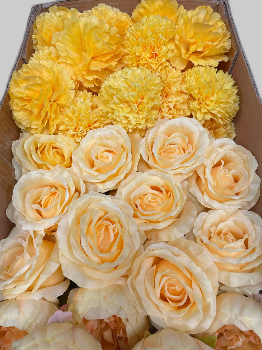 60 PCS All Yellow Assorted Artificial Flower Heads A – Roses, Peonies, Dahlias, Ping Pong Mums & Carnations