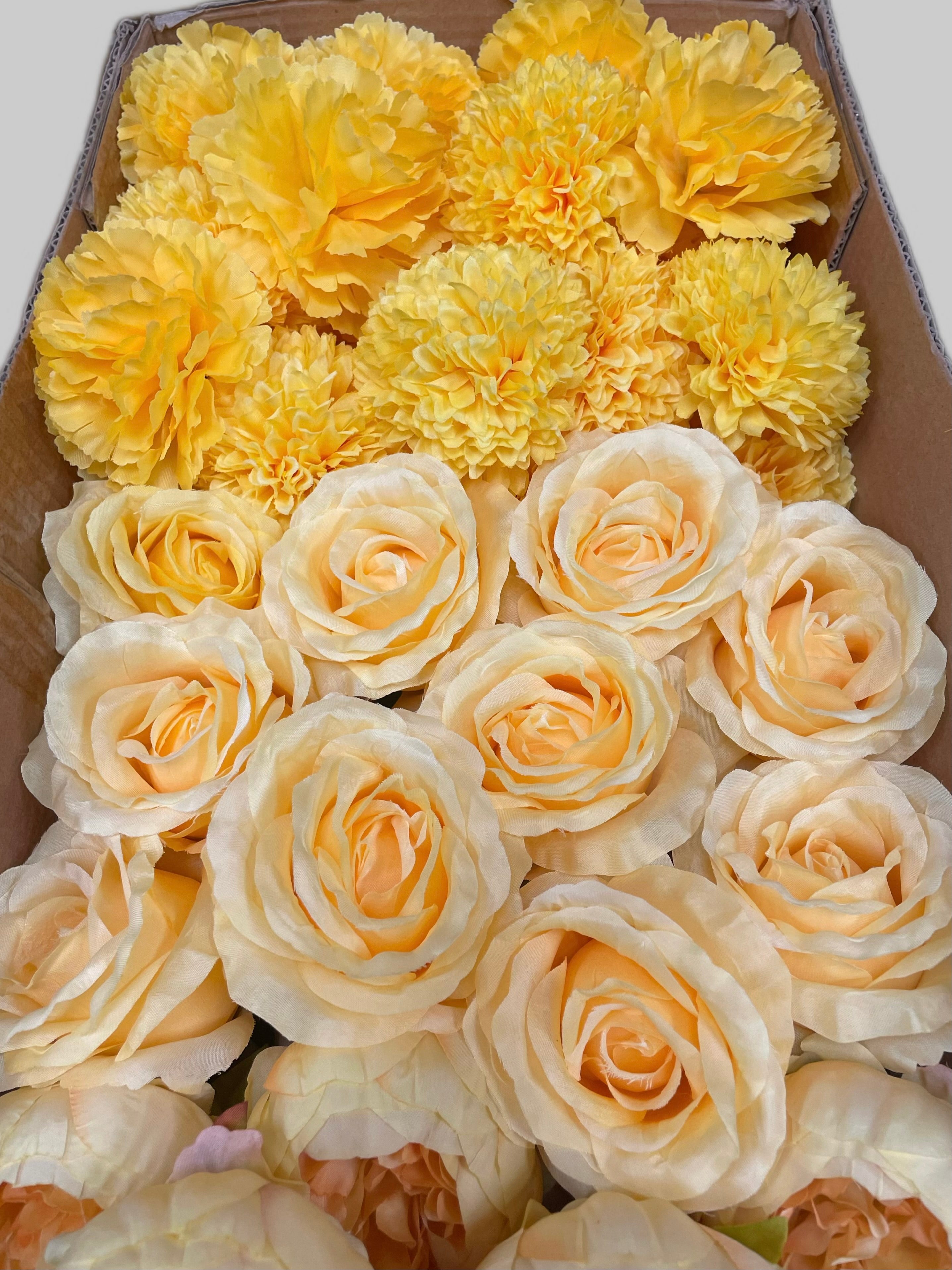 60 PCS All Yellow Assorted Artificial Flower Heads A – Roses, Peonies, Dahlias, Ping Pong Mums & Carnations