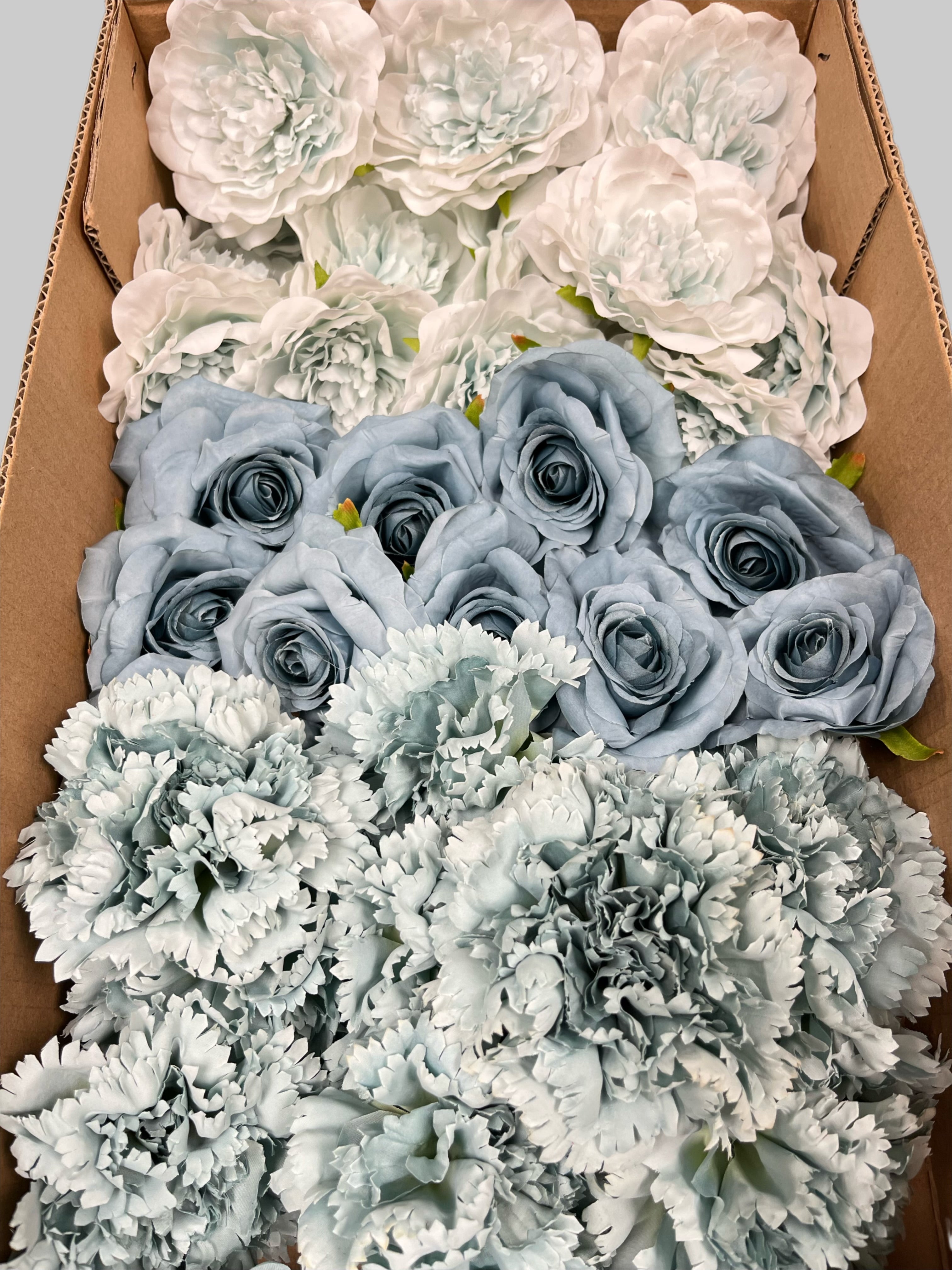 60 PCS All Light Blue Assorted Artificial Flower Heads D – Roses, Peonies, Carnations, Dahlia