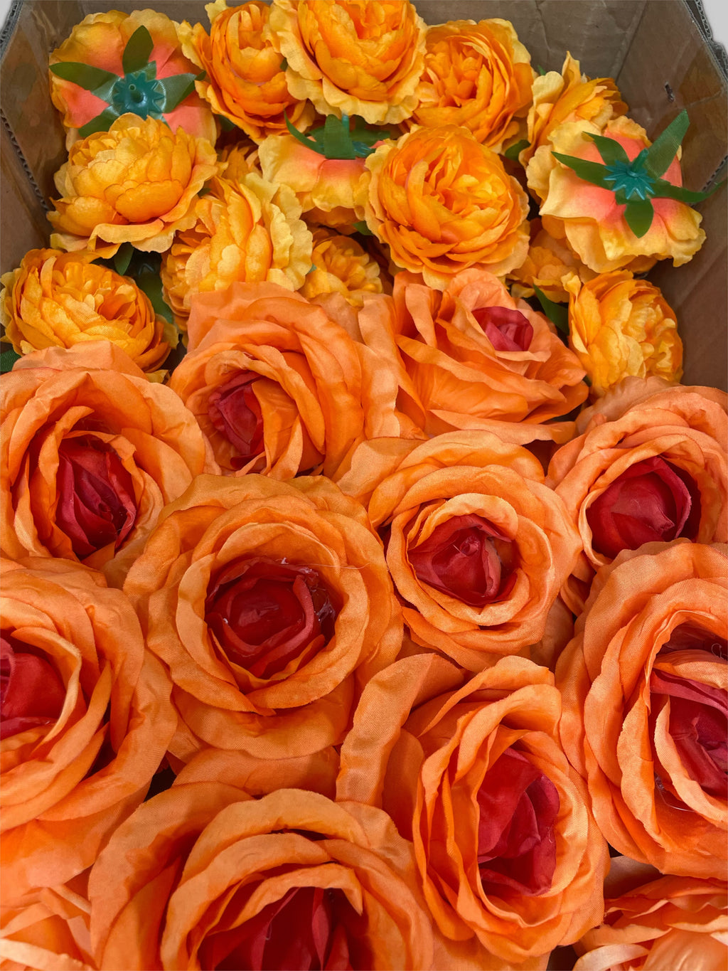 50/60 PCS All Orange Assorted Artificial Flower Heads (AO1BE), Roses, Peonies, Flame Chrysanthemums, Ranunculus