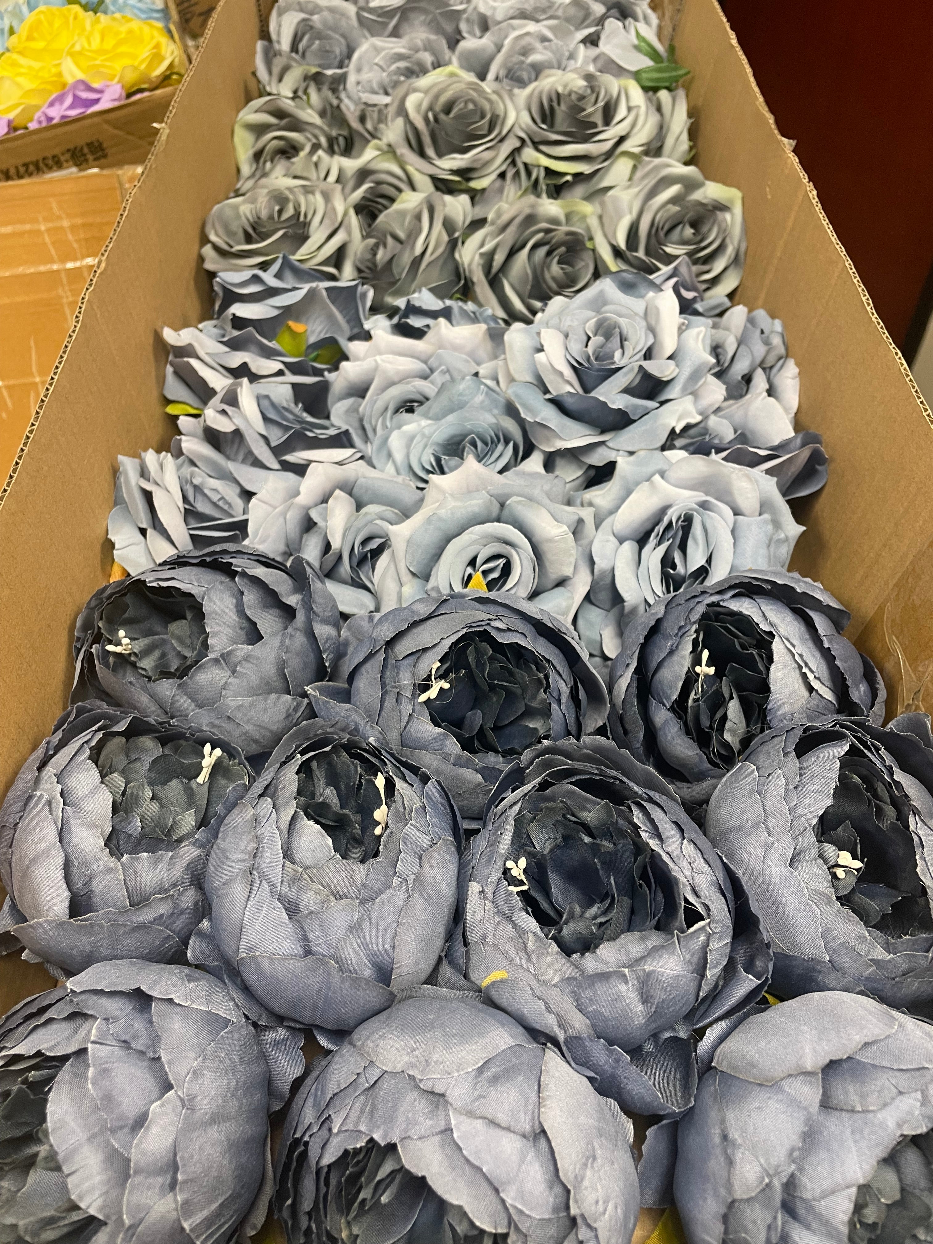 50 PCS All Dusty Blue Assorted Artificial Flower Heads A – Roses, Peonies