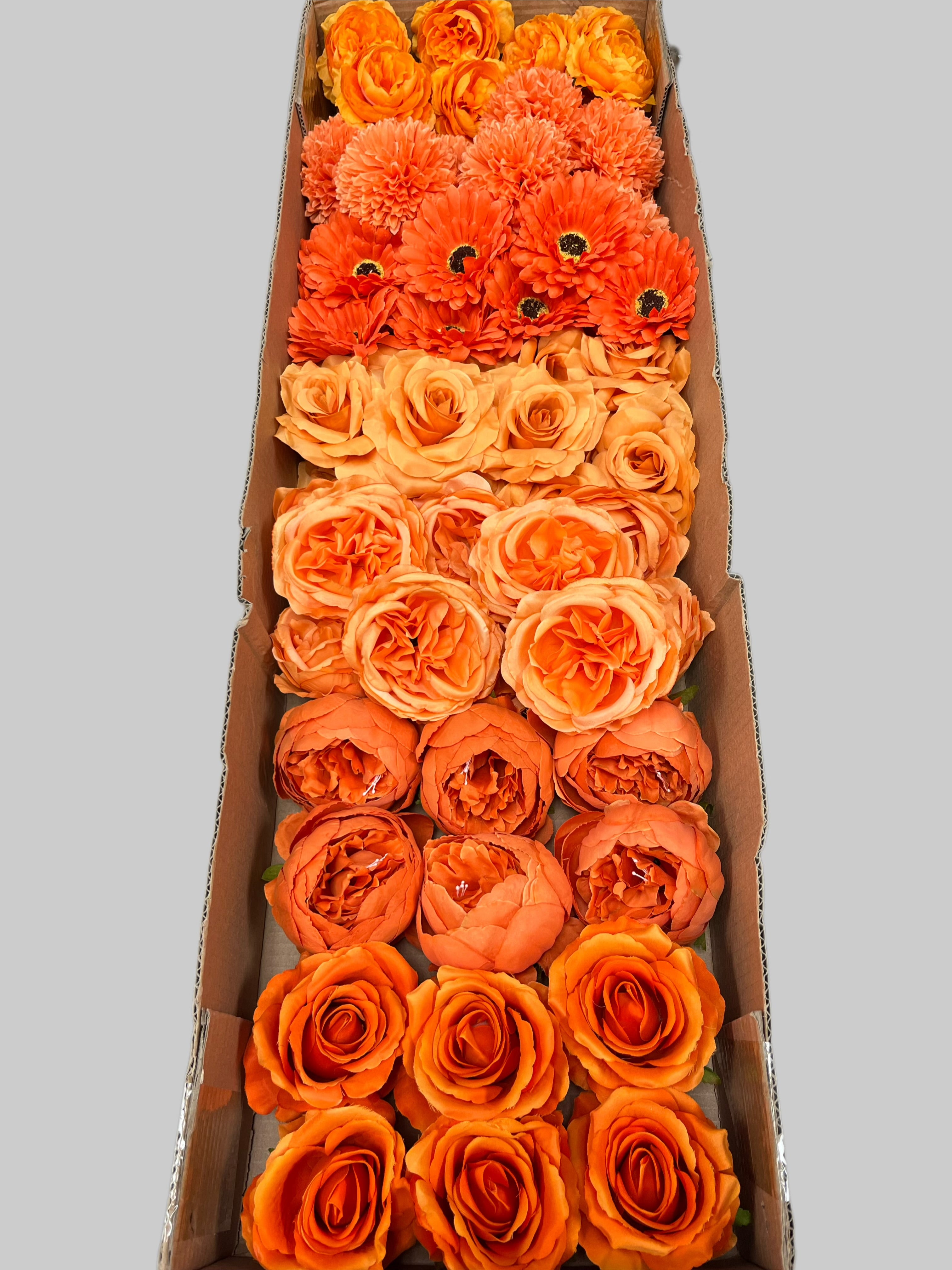 60PCS All Orange Assorted Artificial Flower Heads (AO2), Peonies, Rose, Ranunculus, Ping Pong Mums & Chrysanthemums