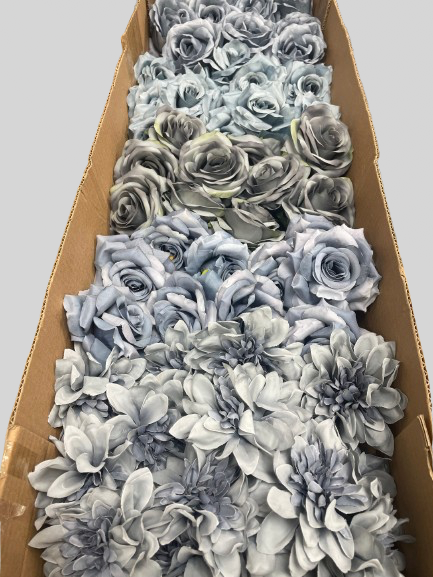 50/60 PCS All Dusty Blue Assorted Artificial Flower Heads (ADL1), Roses, Dahlia