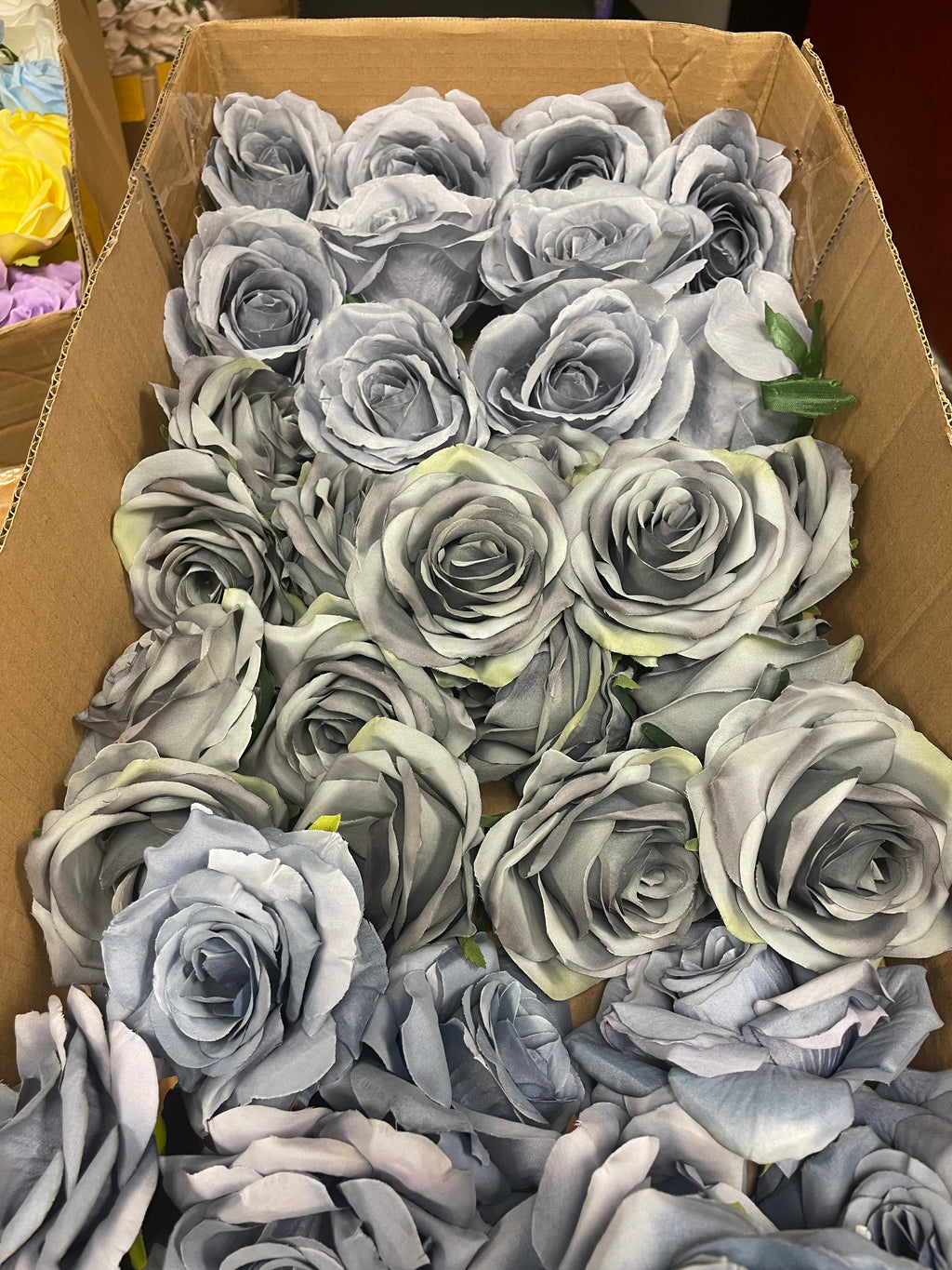 50 PCS All Dusty Blue Assorted Artificial Flower Heads A – Roses, Peonies