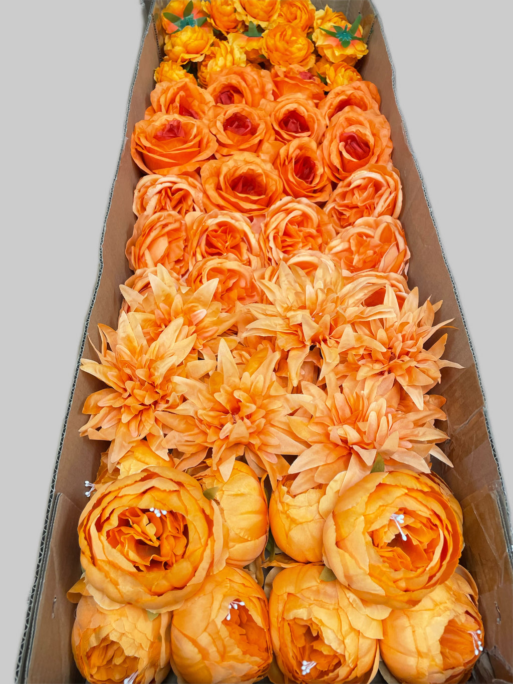 50/60 PCS All Orange Assorted Artificial Flower Heads (AO1BE), Roses, Peonies, Flame Chrysanthemums, Ranunculus
