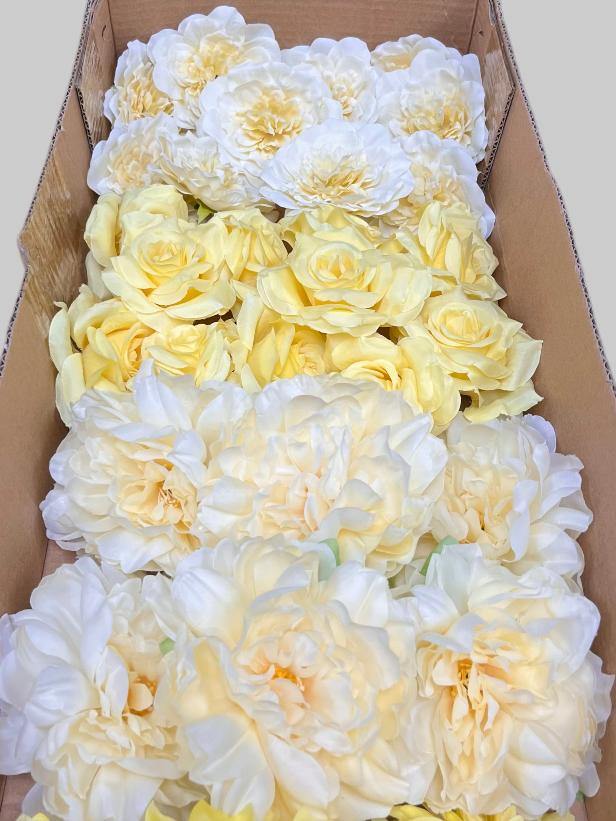 60 PCS All Yellow Assorted Artificial Flower Heads E – Roses, Peonies & Dahlias