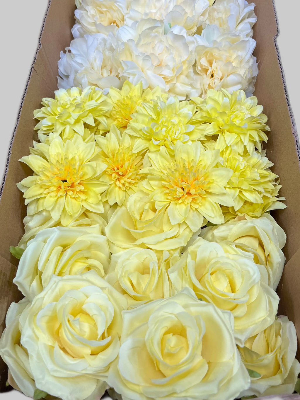 60 PCS All Yellow Assorted Artificial Flower Heads E – Roses, Peonies & Dahlias