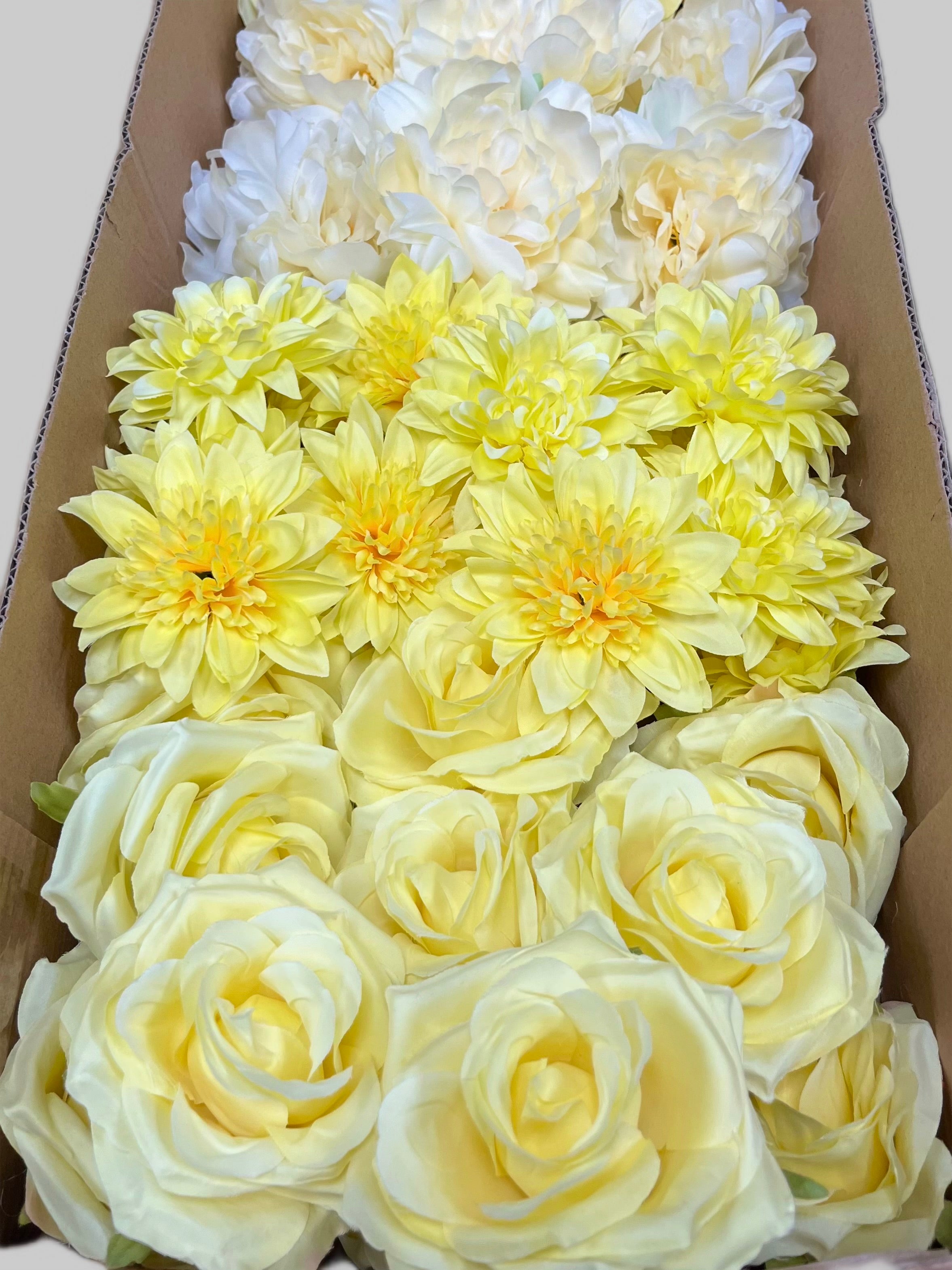 60 PCS All Yellow Assorted Artificial Flower Heads E – Roses, Peonies & Dahlias