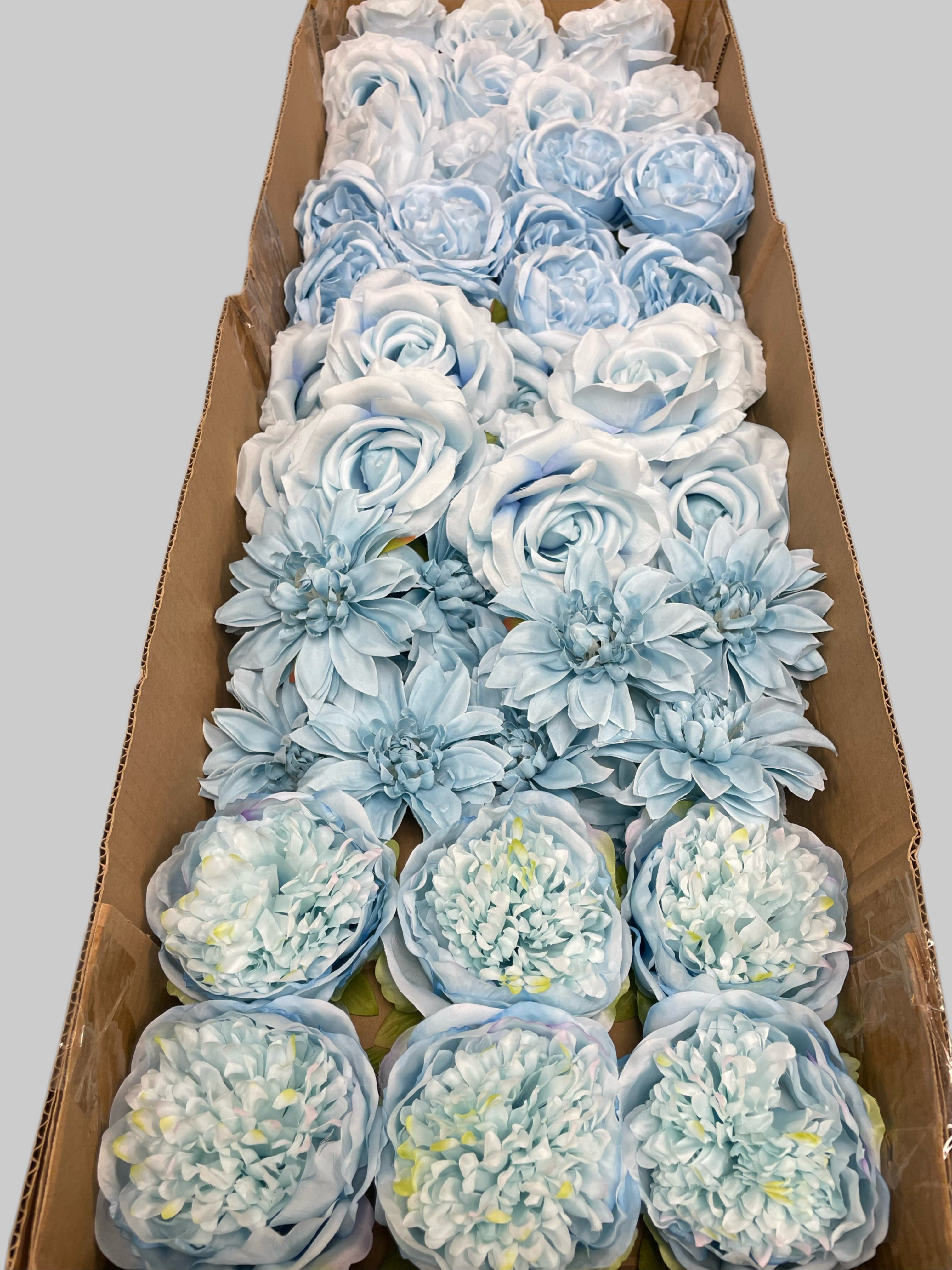 60 PCS All Light Blue Assorted Artificial Flower Heads B – Roses, Peonies, Dahlia