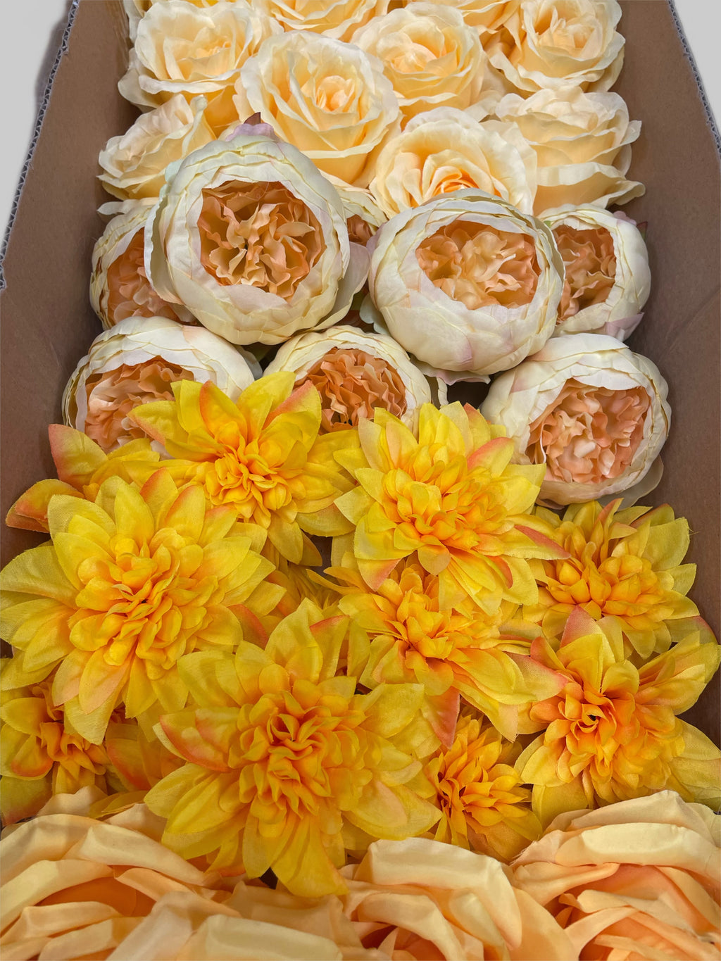 60 PCS All Yellow Assorted Artificial Flower Heads A – Roses, Peonies, Dahlias, Ping Pong Mums & Carnations