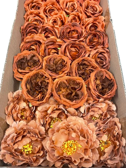 50/60 PCS Artificial Flower Heads (AT1), Terracotta, Burnt Orange, Rust Orange & Caramel Brown Mixed Colors for Wedding & DIY Decor