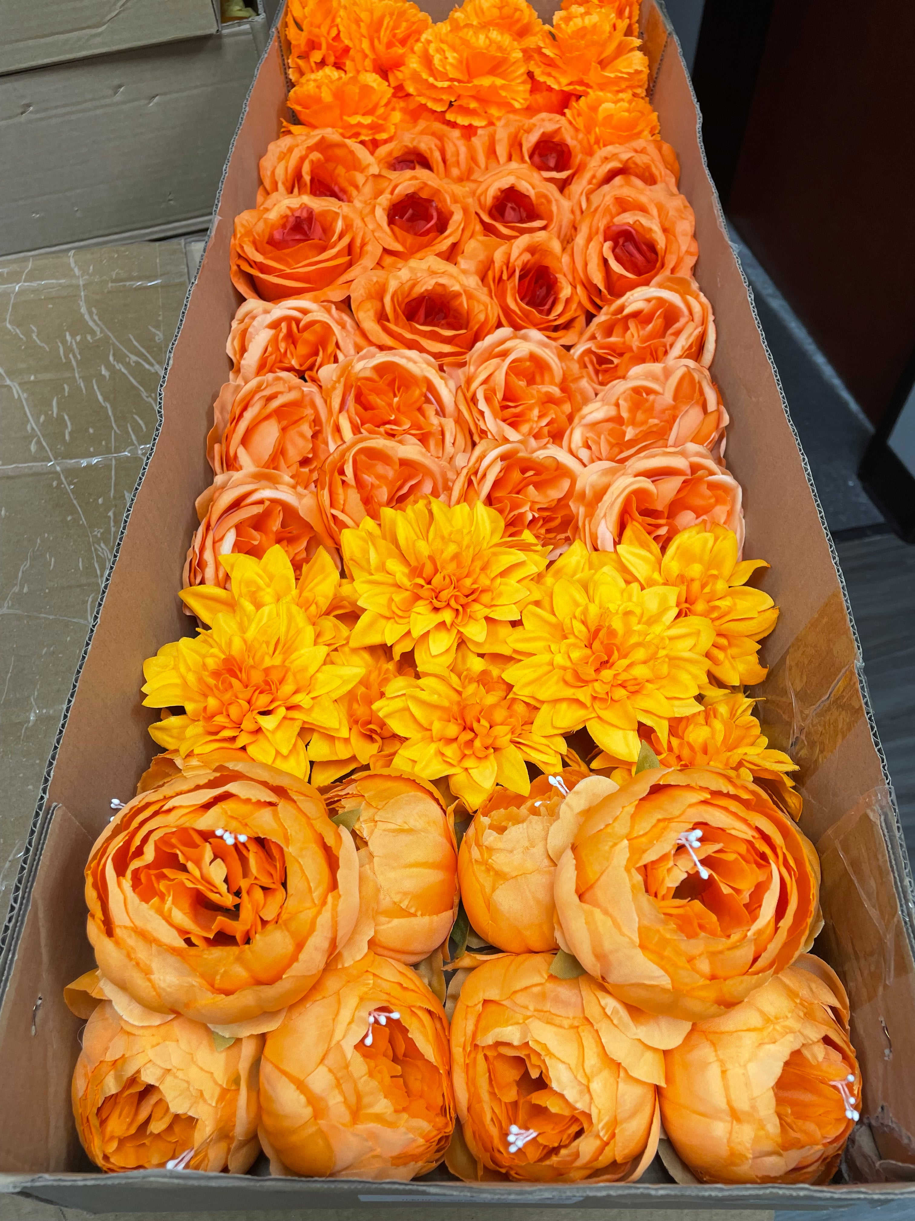 60 PCS All Orange Assorted Artificial Flower Heads A - Peonies, Rose, Dahlia, Carnation