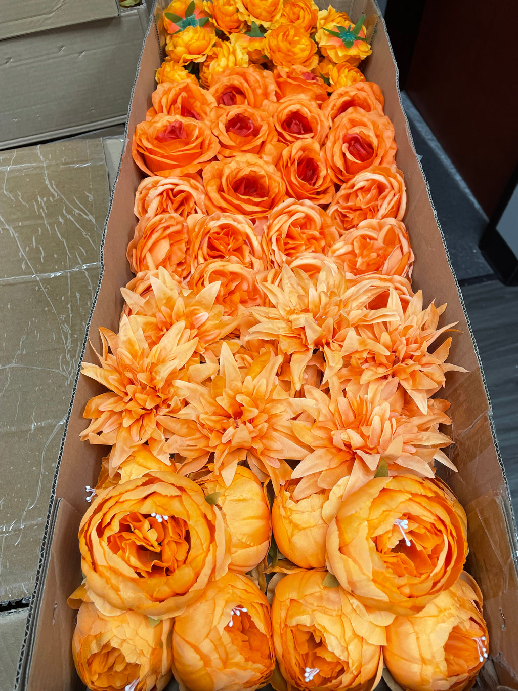 60/70 PCS All Orange Assorted Artificial Flower Heads B – Roses, Peonies, Dahlia, Ranunculus