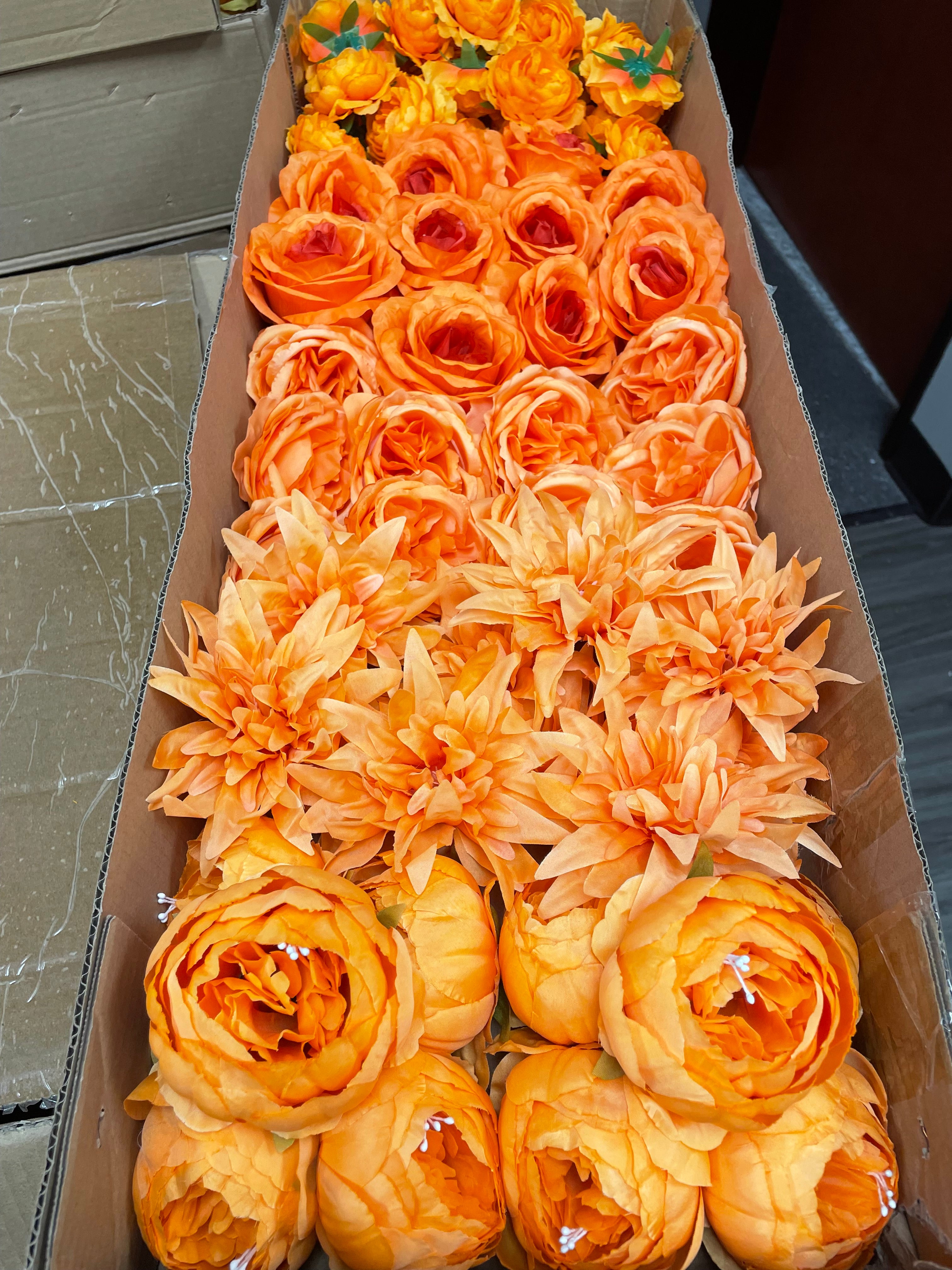 60 PCS All Orange Assorted Artificial Flower Heads B – Roses, Peonies, Dahlia, Ranunculus