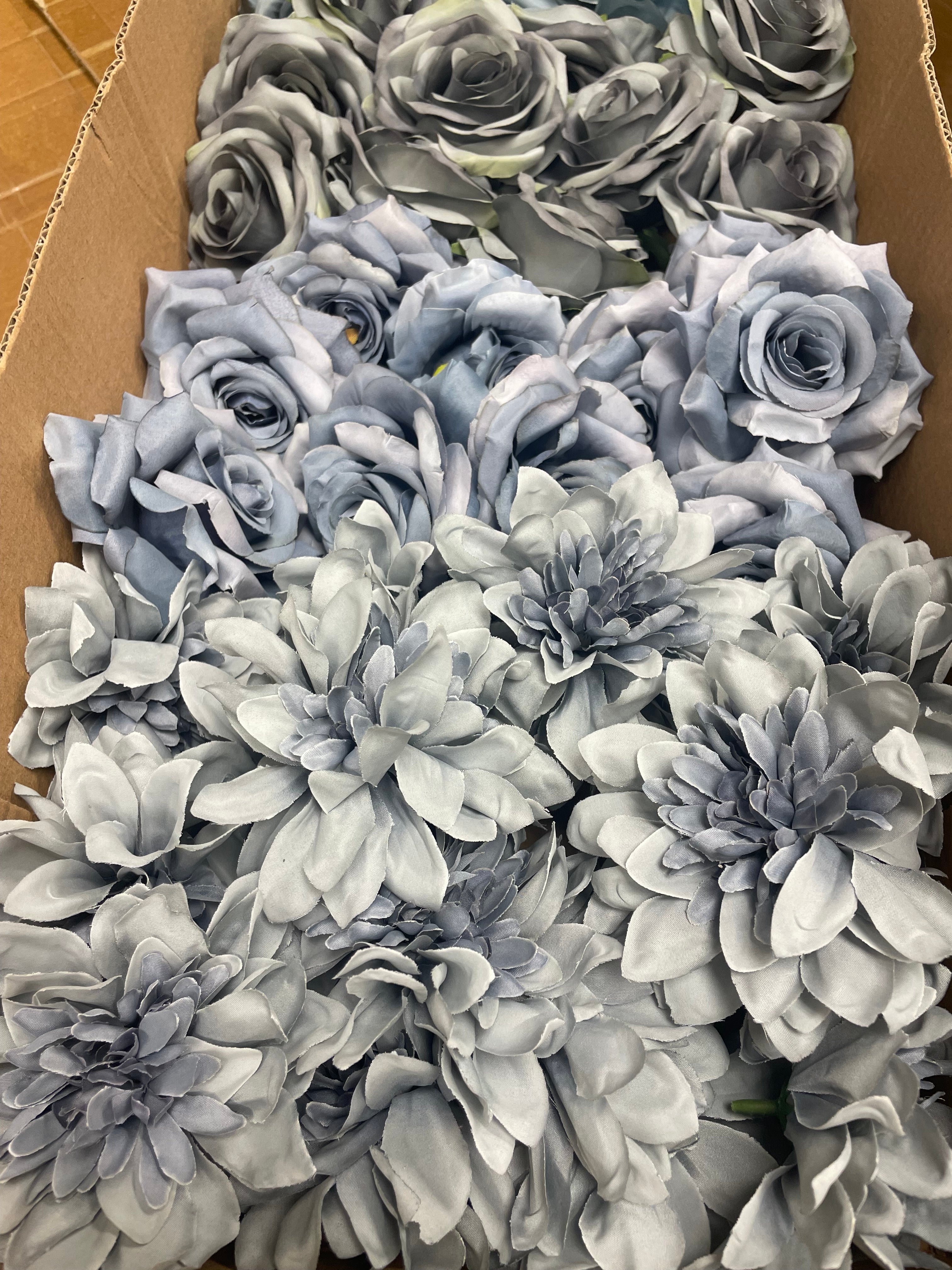 60 PCS All Dusty Blue Assorted Artificial Flower Heads B – Roses, Dahlia