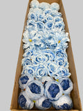 60 PCS All Light Blue Assorted Artificial Flower Heads A - Roses, Peonies, Orchid, Ping Pong Mum