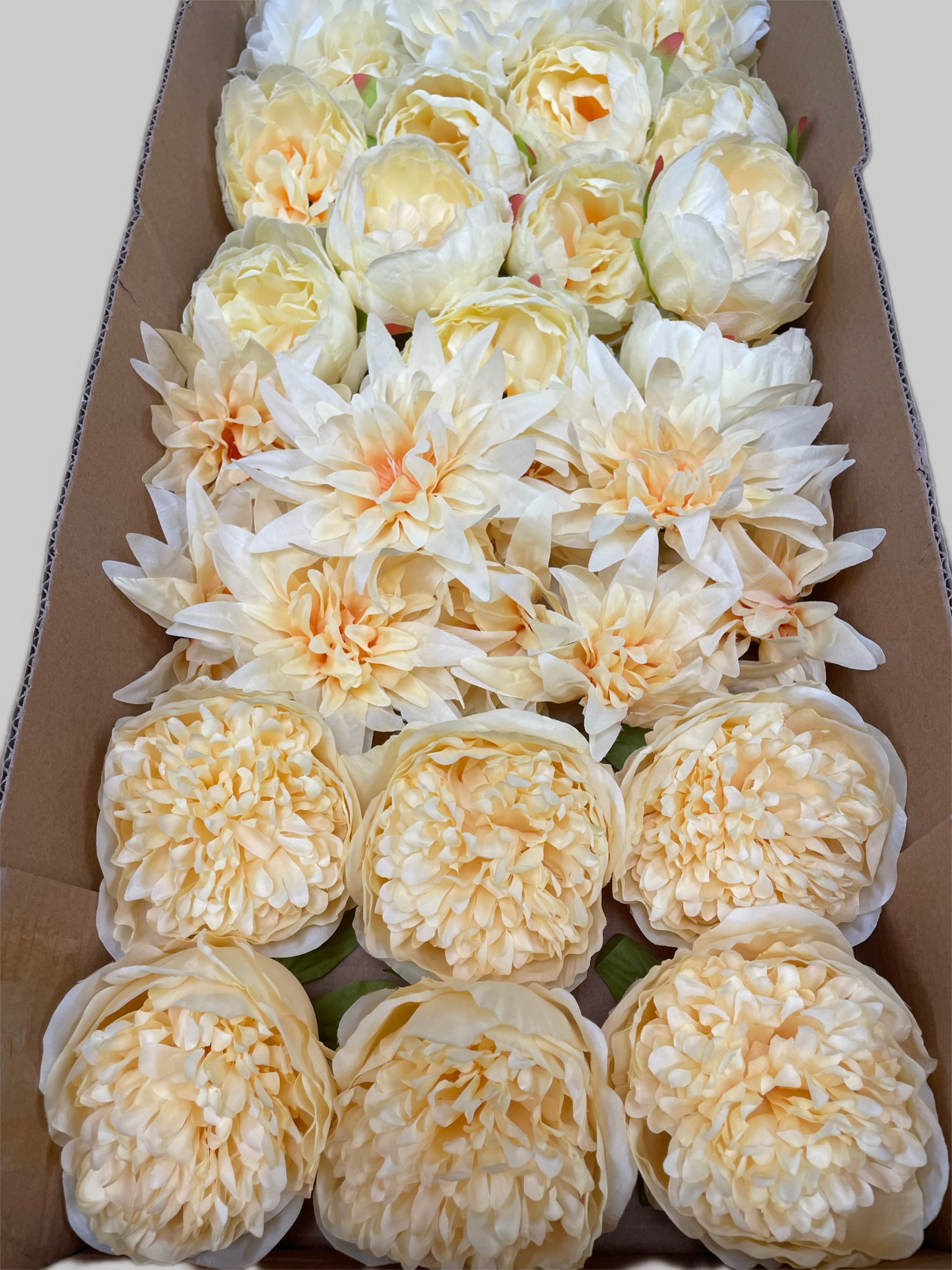 60 PCS All Yellow Assorted Artificial Flower Heads C – Peonies & Flame Chrysanthemums