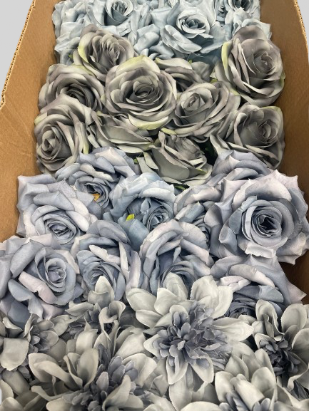 50/60 PCS All Dusty Blue Assorted Artificial Flower Heads (ADL1), Roses, Dahlia