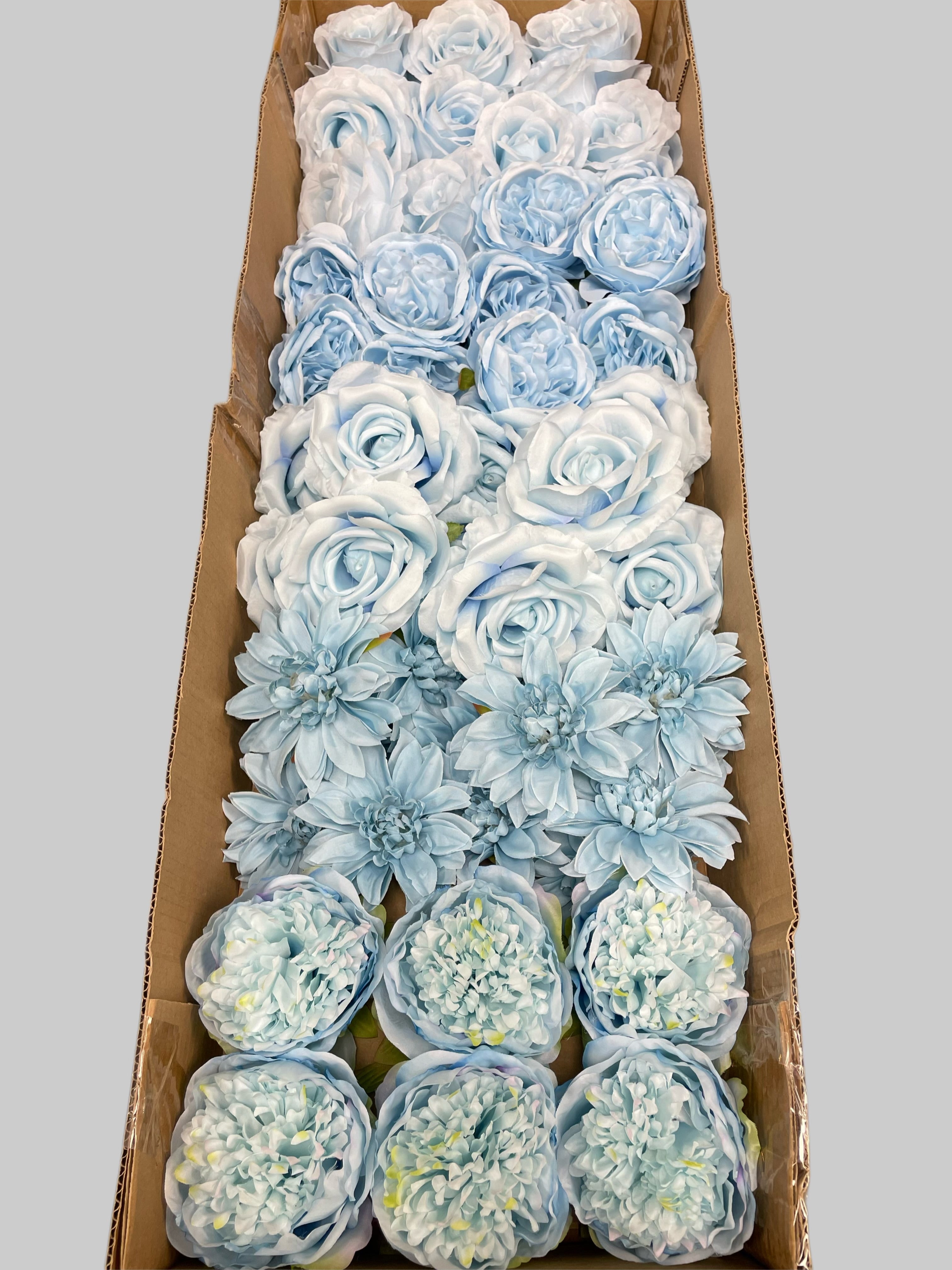 60 PCS All Light Blue Assorted Artificial Flower Heads B – Roses, Peonies, Dahlia