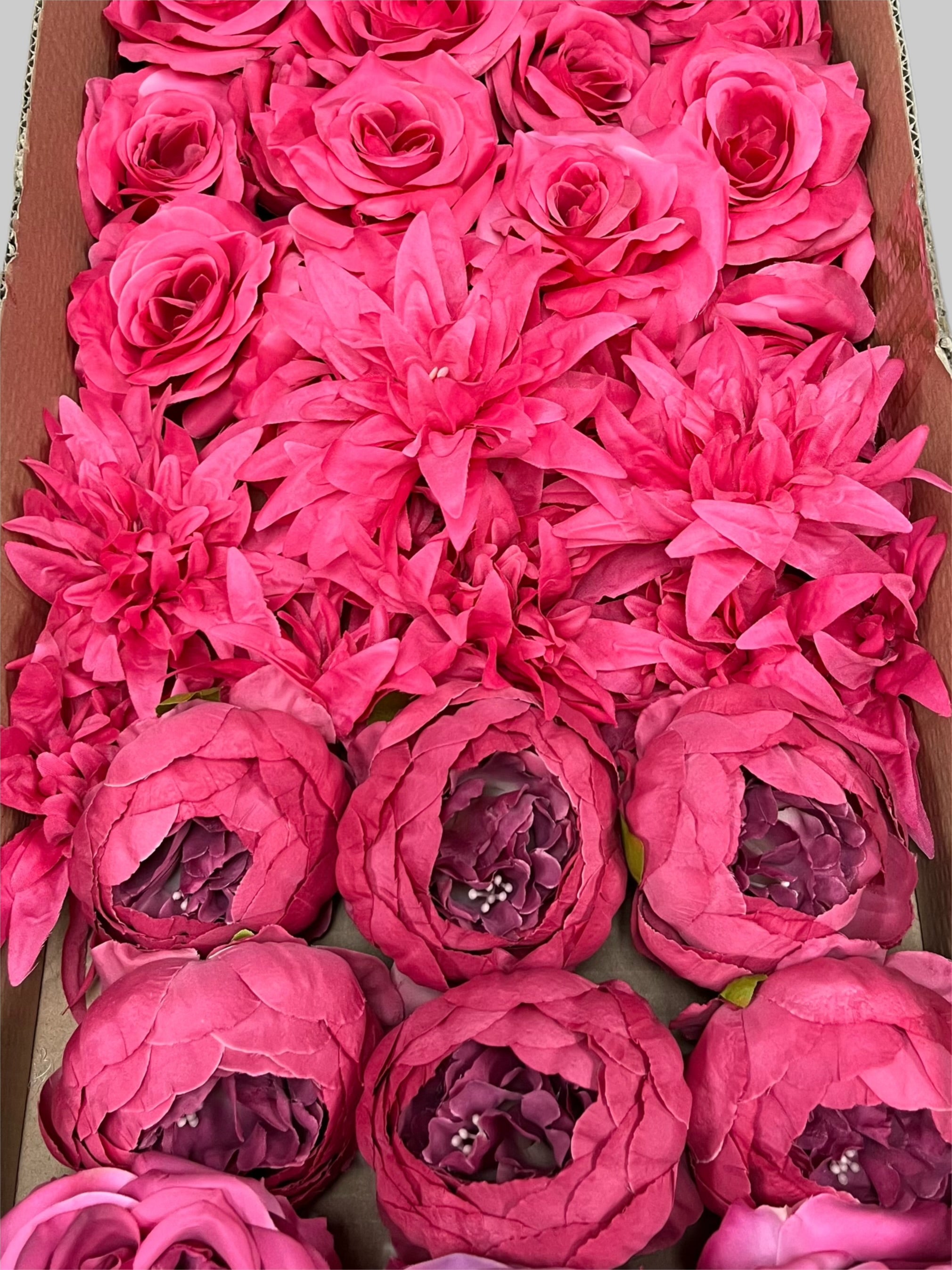 60 PCS All Fuchsia & Hot Pink Assorted Artificial Flower Heads (AH1), Peonies, Rose & Flame Chrysanthemums