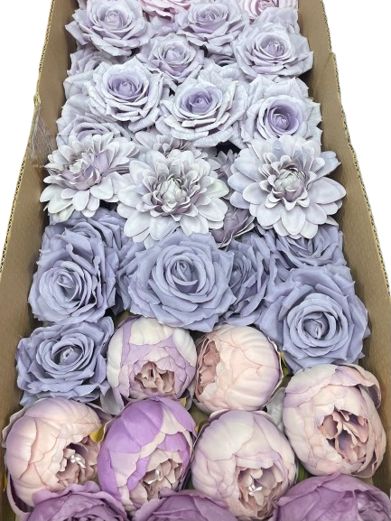 50/60 PCS All Purple Assorted Artificial Flower Heads (AZ6), Peonies, Roses & Dahlias
