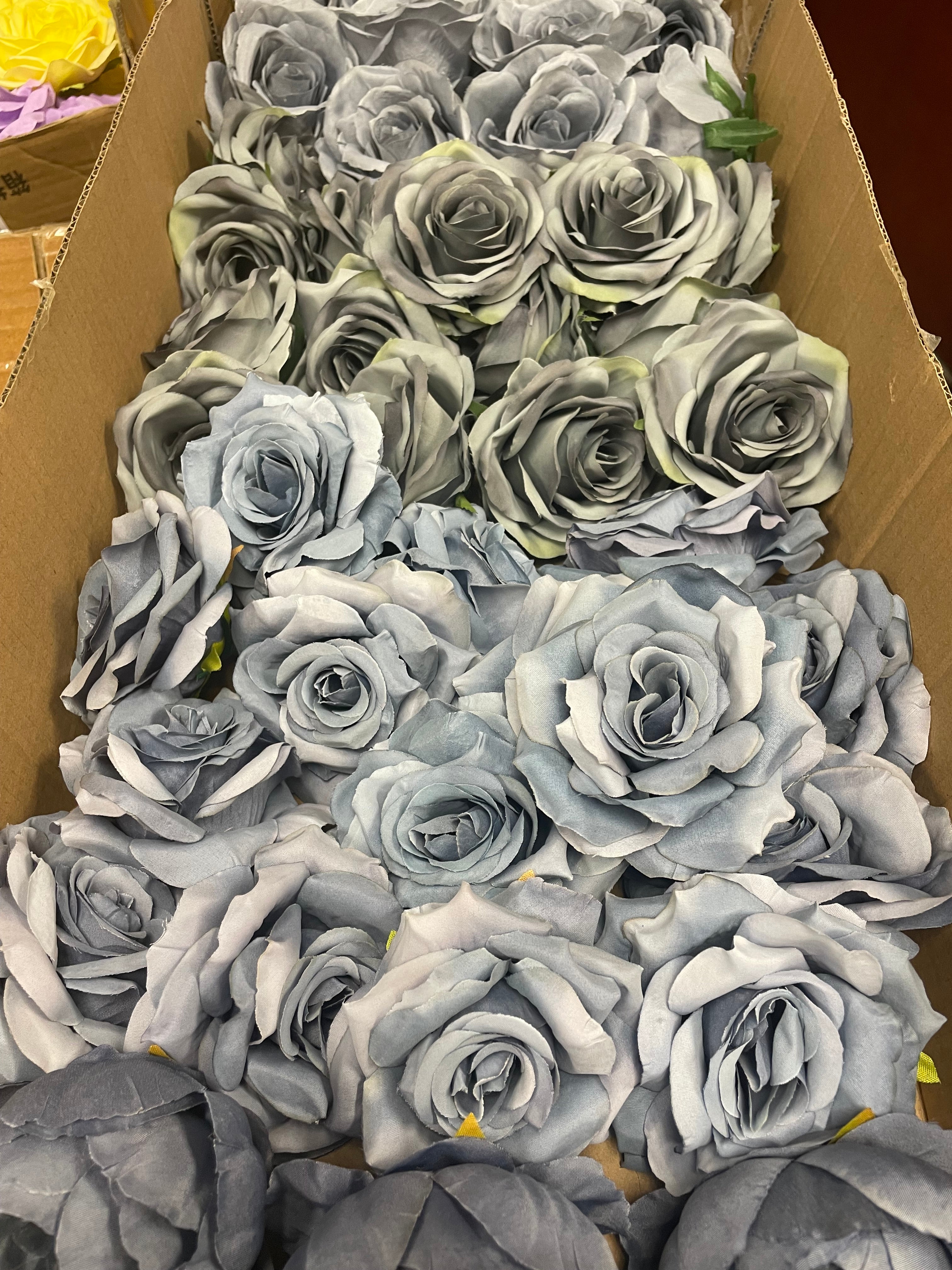 50 PCS All Dusty Blue Assorted Artificial Flower Heads A – Roses, Peonies