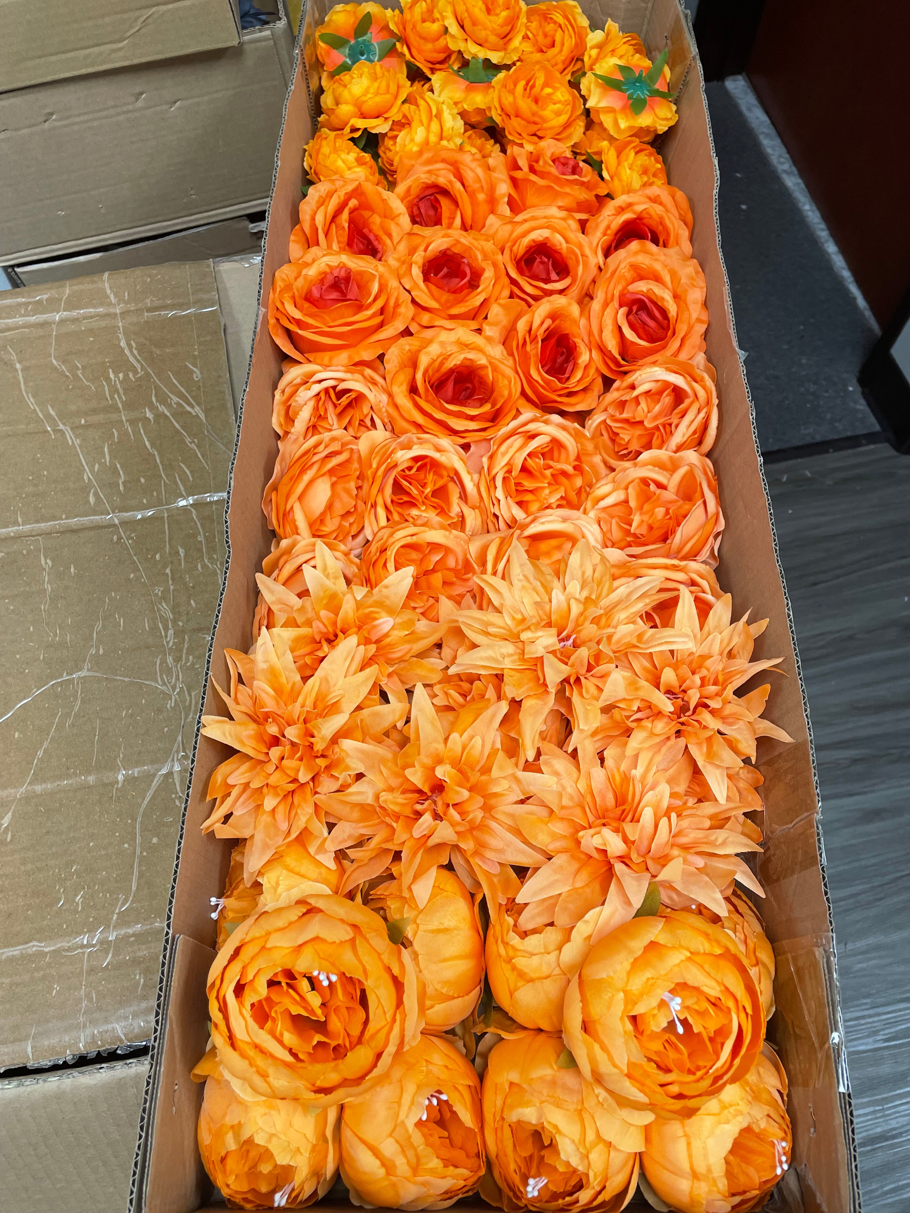 60 PCS All Orange Assorted Artificial Flower Heads B – Roses, Peonies, Dahlia, Ranunculus