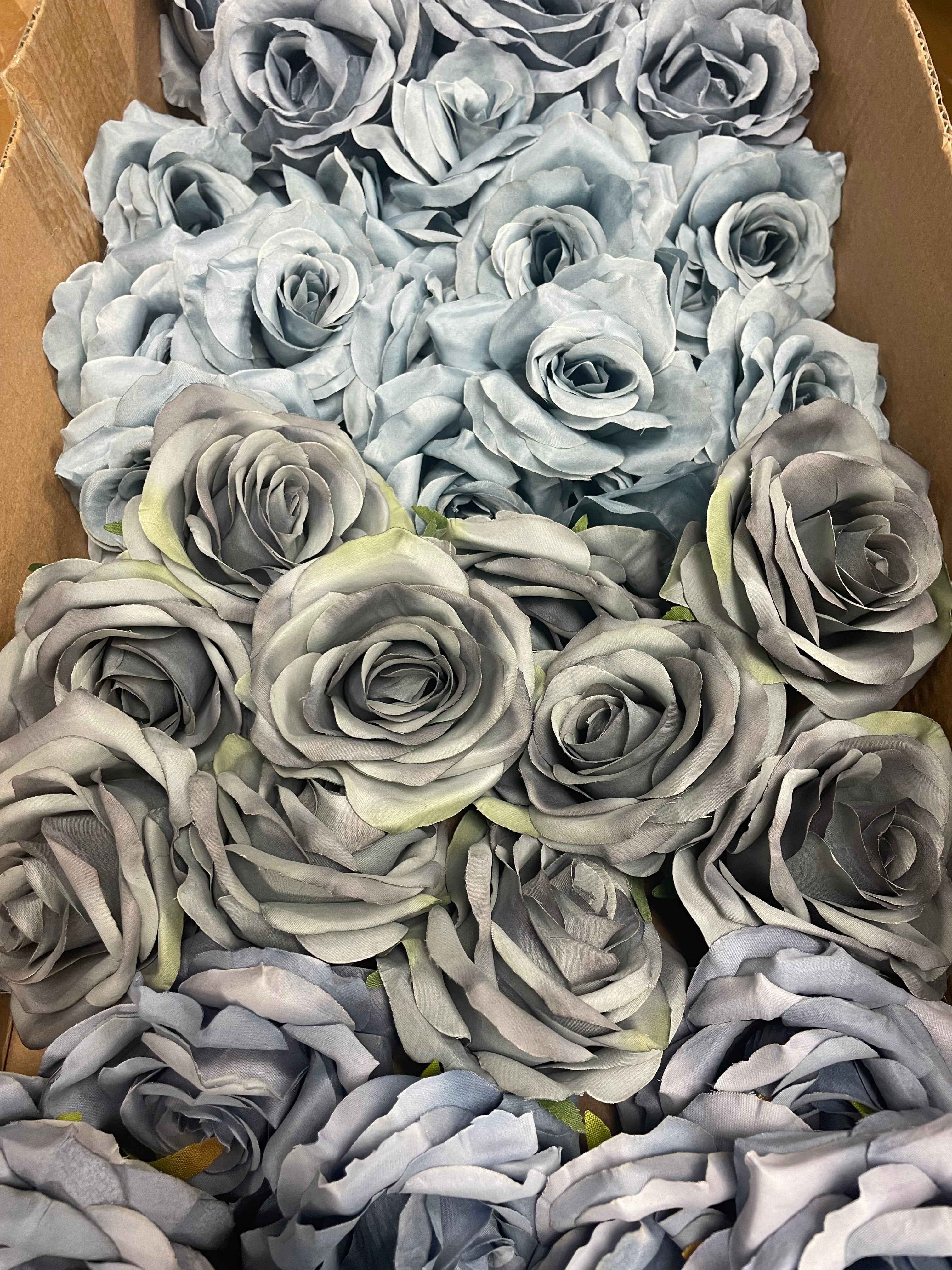 60 PCS All Dusty Blue Assorted Artificial Flower Heads B – Roses, Dahlia