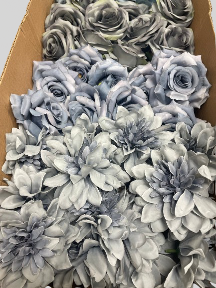 50/60 PCS All Dusty Blue Assorted Artificial Flower Heads (ADL1), Roses, Dahlia