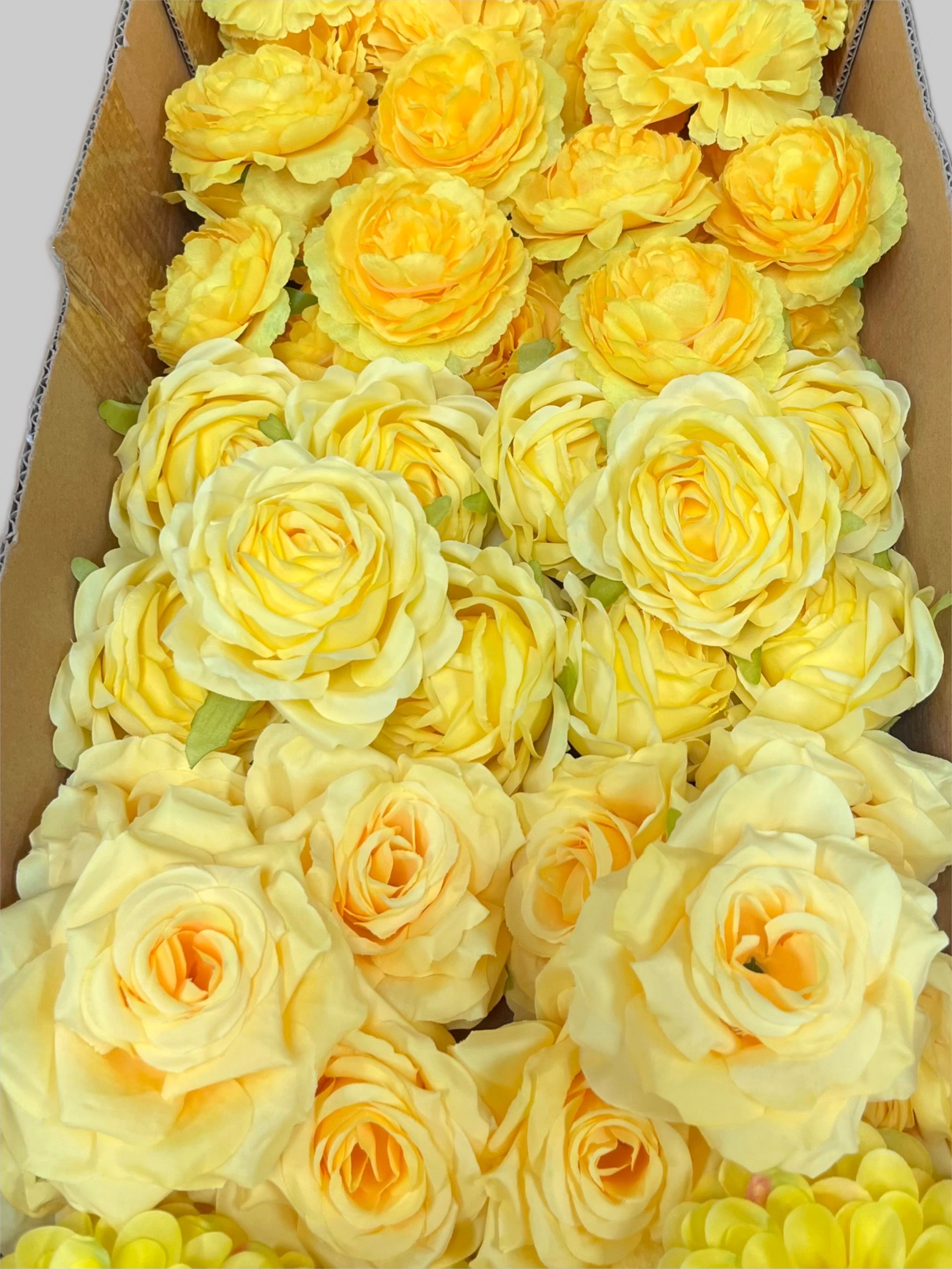 60 PCS All Yellow Assorted Artificial Flower Heads D – Roses, Peonies, Carnations, Ranunculus