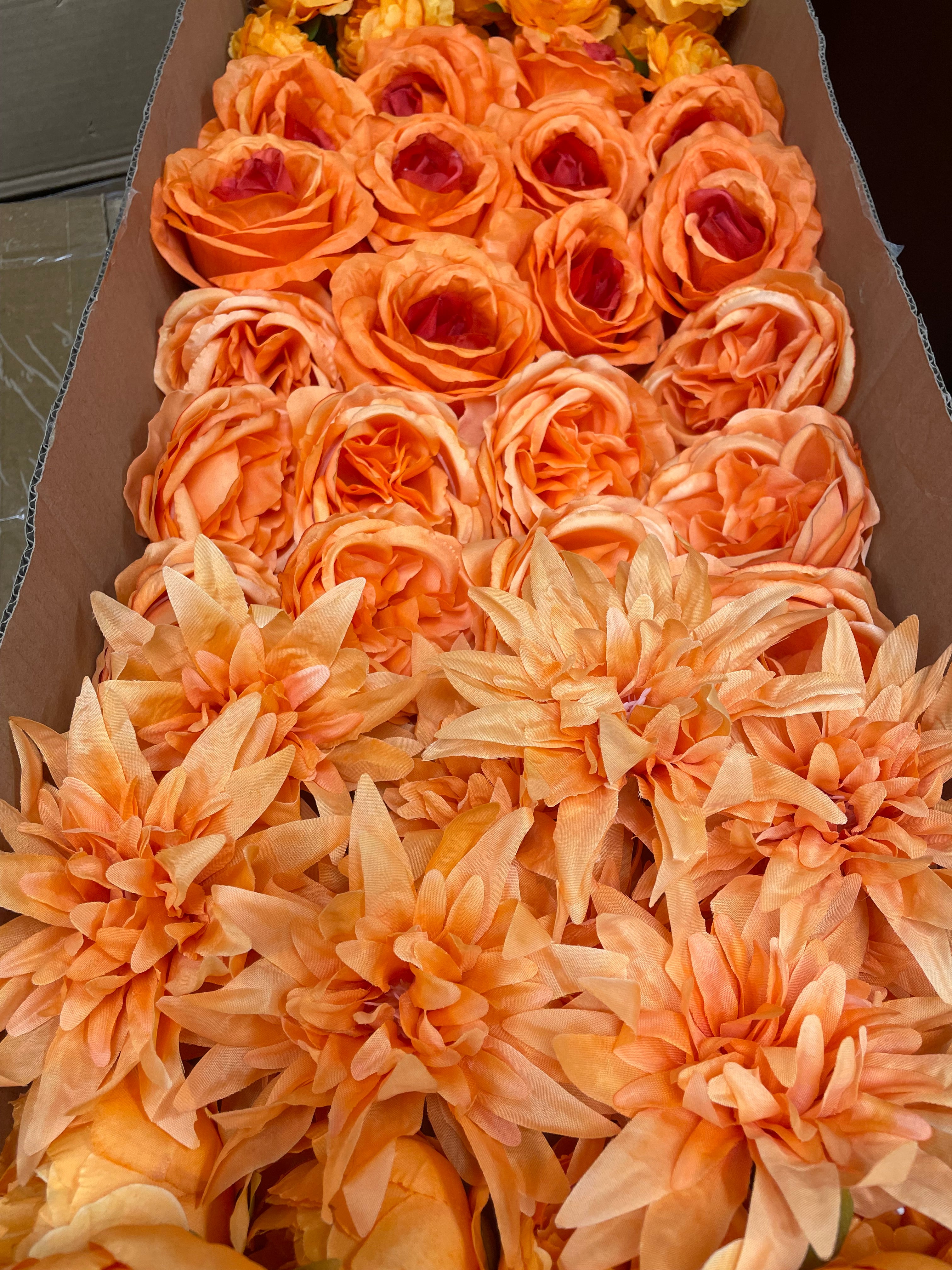 60 PCS All Orange Assorted Artificial Flower Heads B – Roses, Peonies, Dahlia, Ranunculus