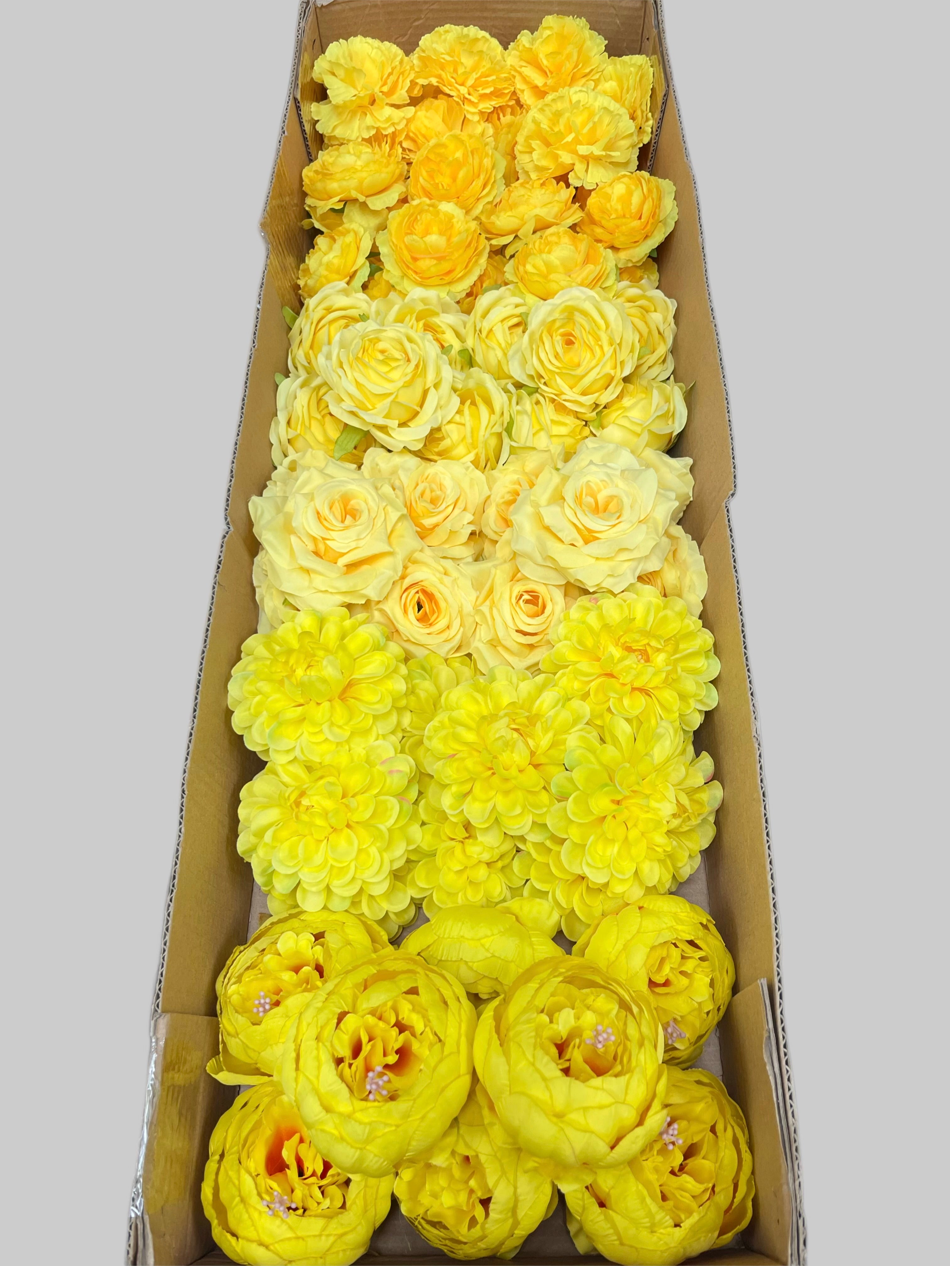 60 PCS All Yellow Assorted Artificial Flower Heads D – Roses, Peonies, Carnations, Ranunculus