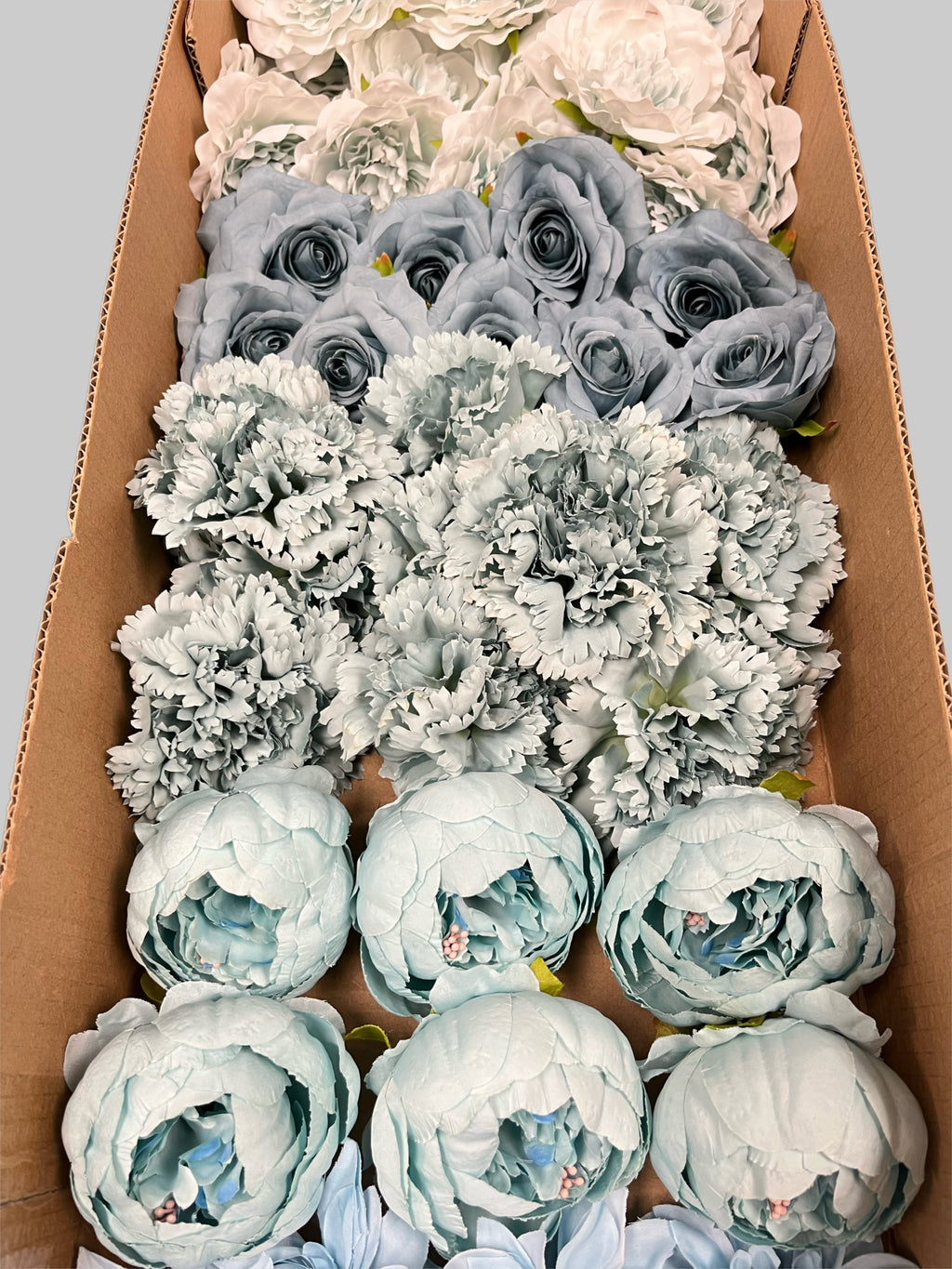 60 PCS All Light Blue Assorted Artificial Flower Heads D – Roses, Peonies, Carnations, Dahlia