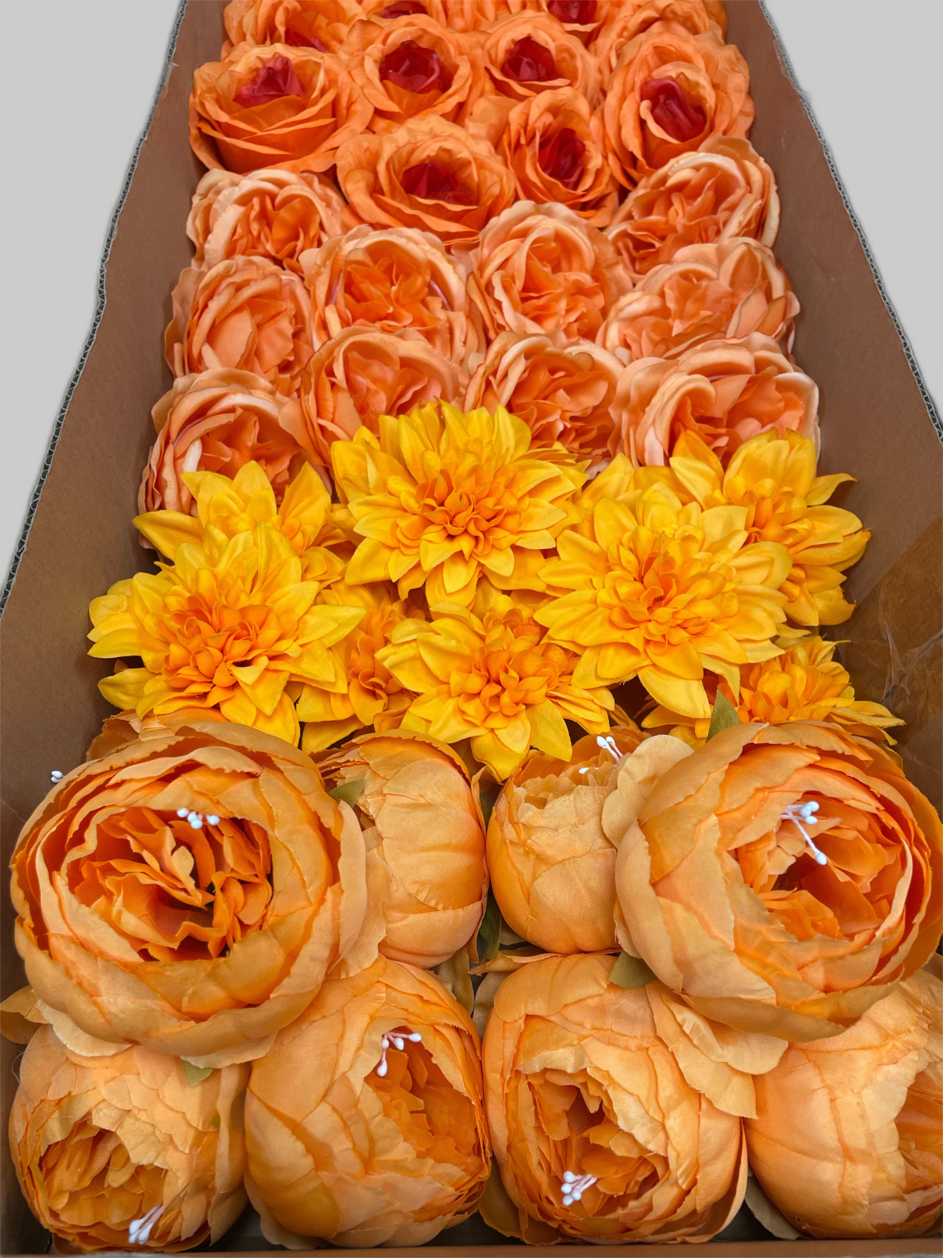 60/70 PCS All Orange Assorted Artificial Flower Heads A - Peonies, Rose, Dahlia, Carnation