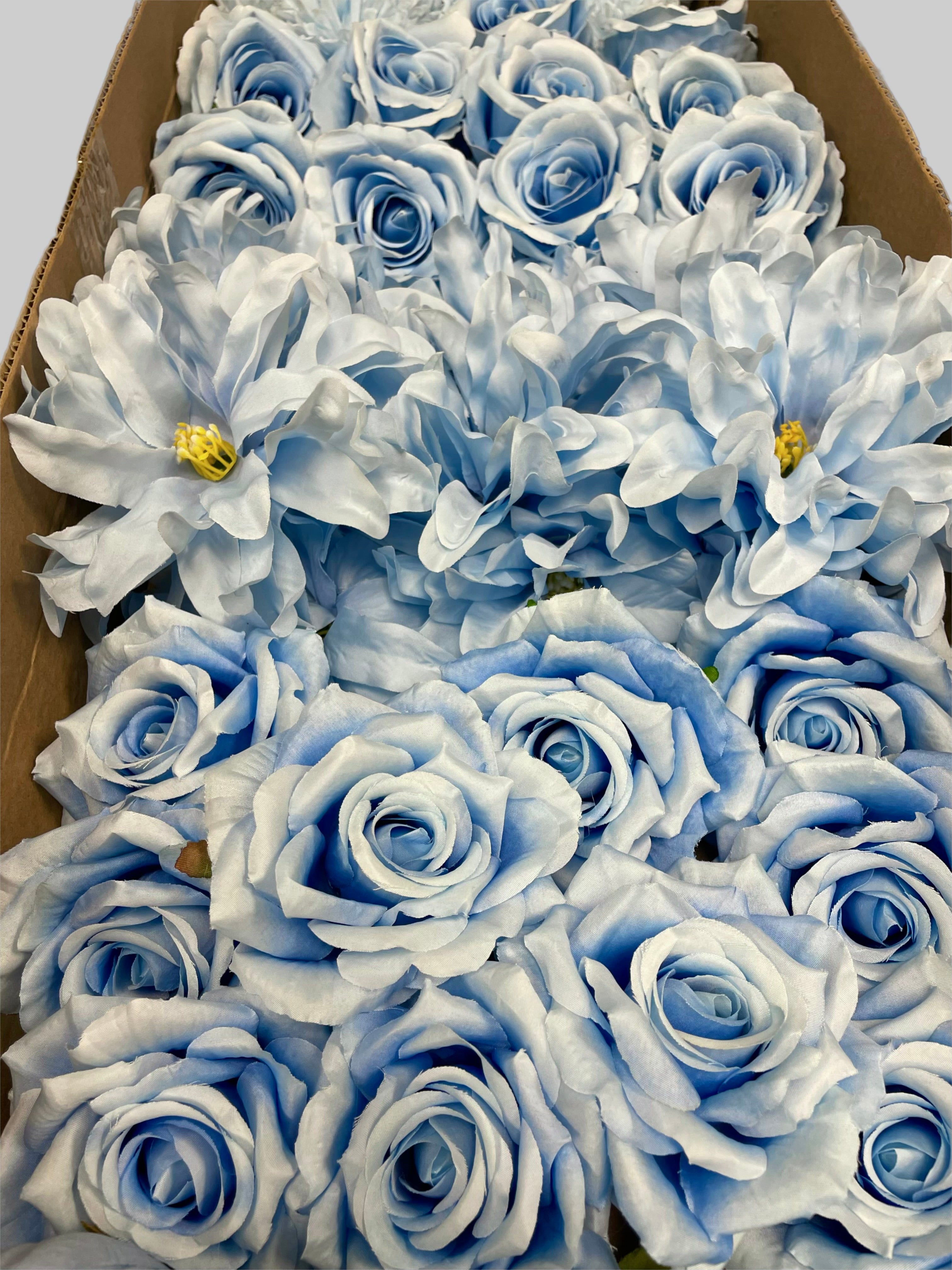 60 PCS All Light Blue Assorted Artificial Flower Heads A - Roses, Peonies, Orchid, Ping Pong Mum