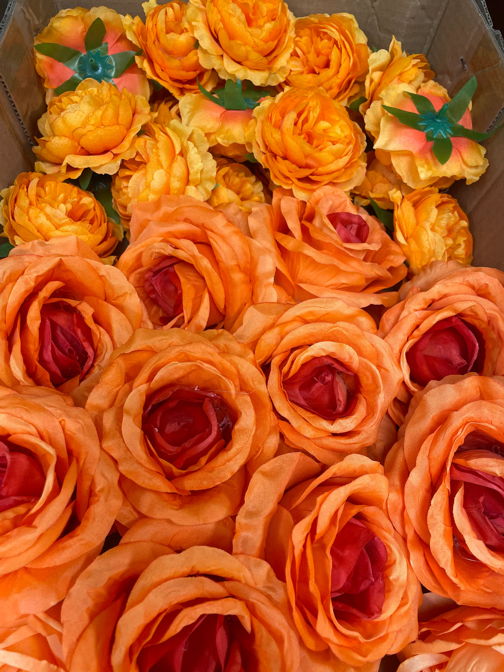 60/70 PCS All Orange Assorted Artificial Flower Heads B – Roses, Peonies, Dahlia, Ranunculus