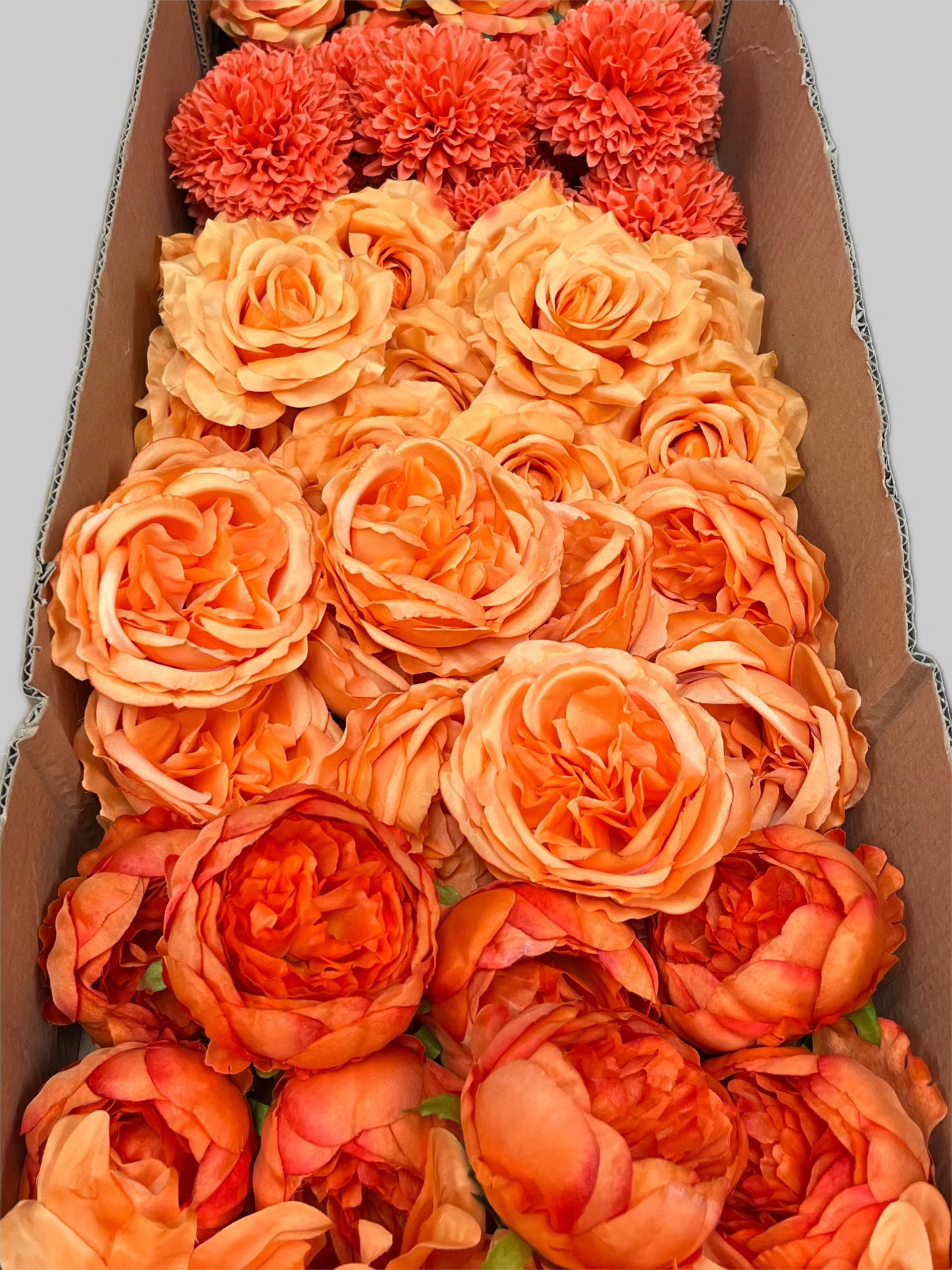 60PCS All Orange Assorted Artificial Flower Heads (AO3), Peonies, Rose, Orchids, Ping Pong Mums & Ranunculus