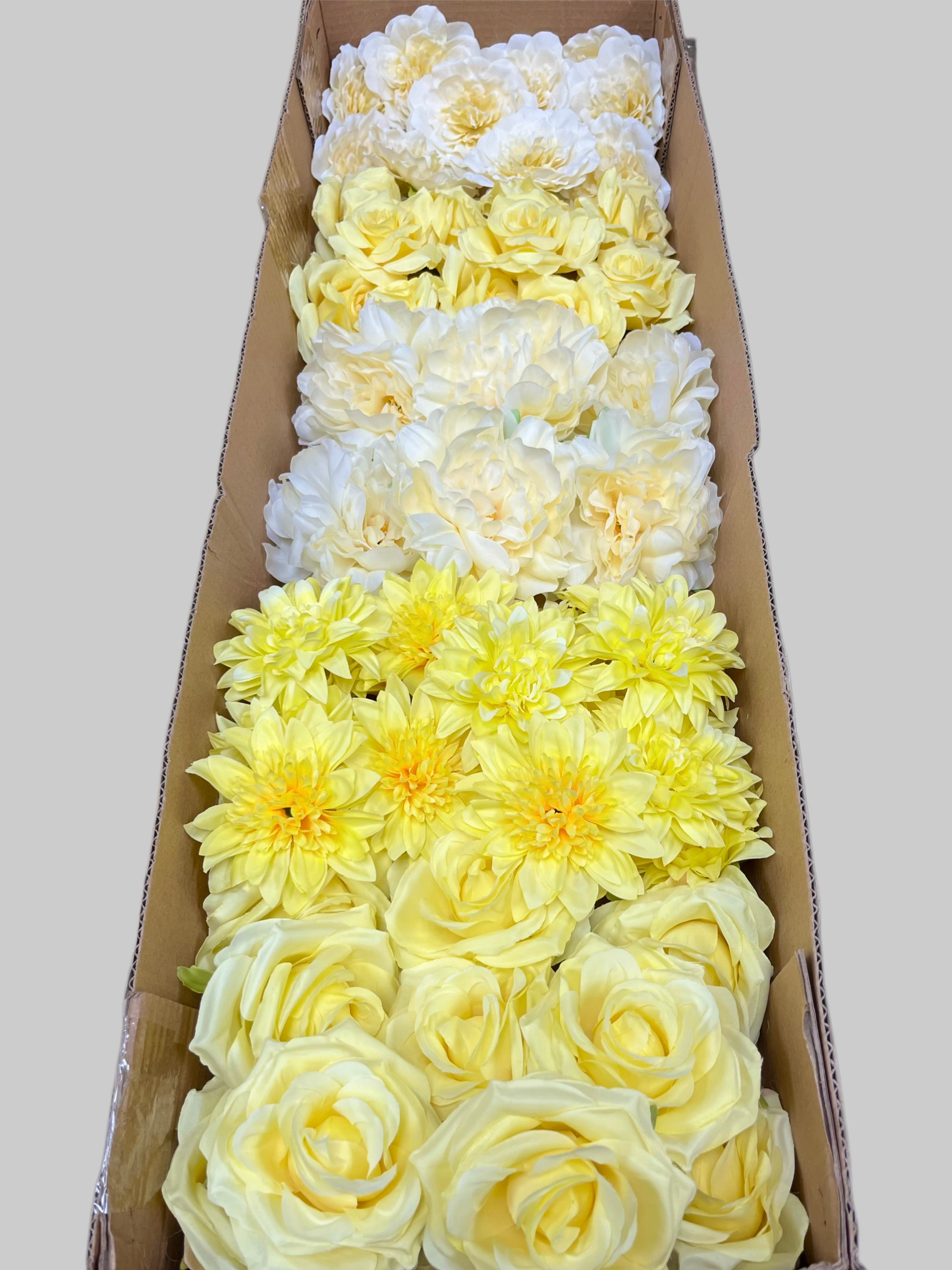 60 PCS All Yellow Assorted Artificial Flower Heads E – Roses, Peonies & Dahlias